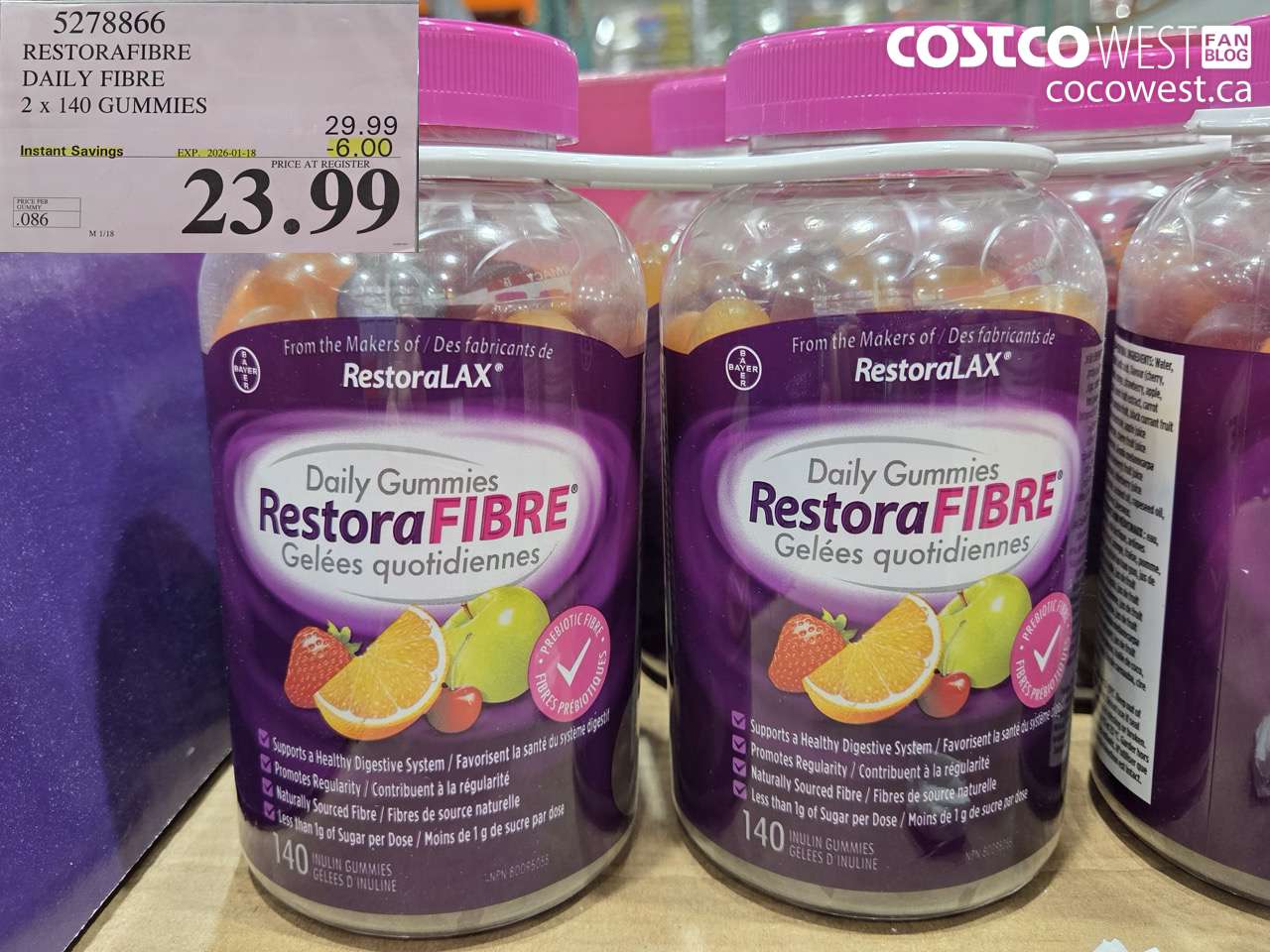 5278866 RESTORAFIBRE DAILY FIBRE 2 X 140 GUMMIES ($6.00 INSTANT SAVINGS EXPIRES ON 2026-01-18) $23.99