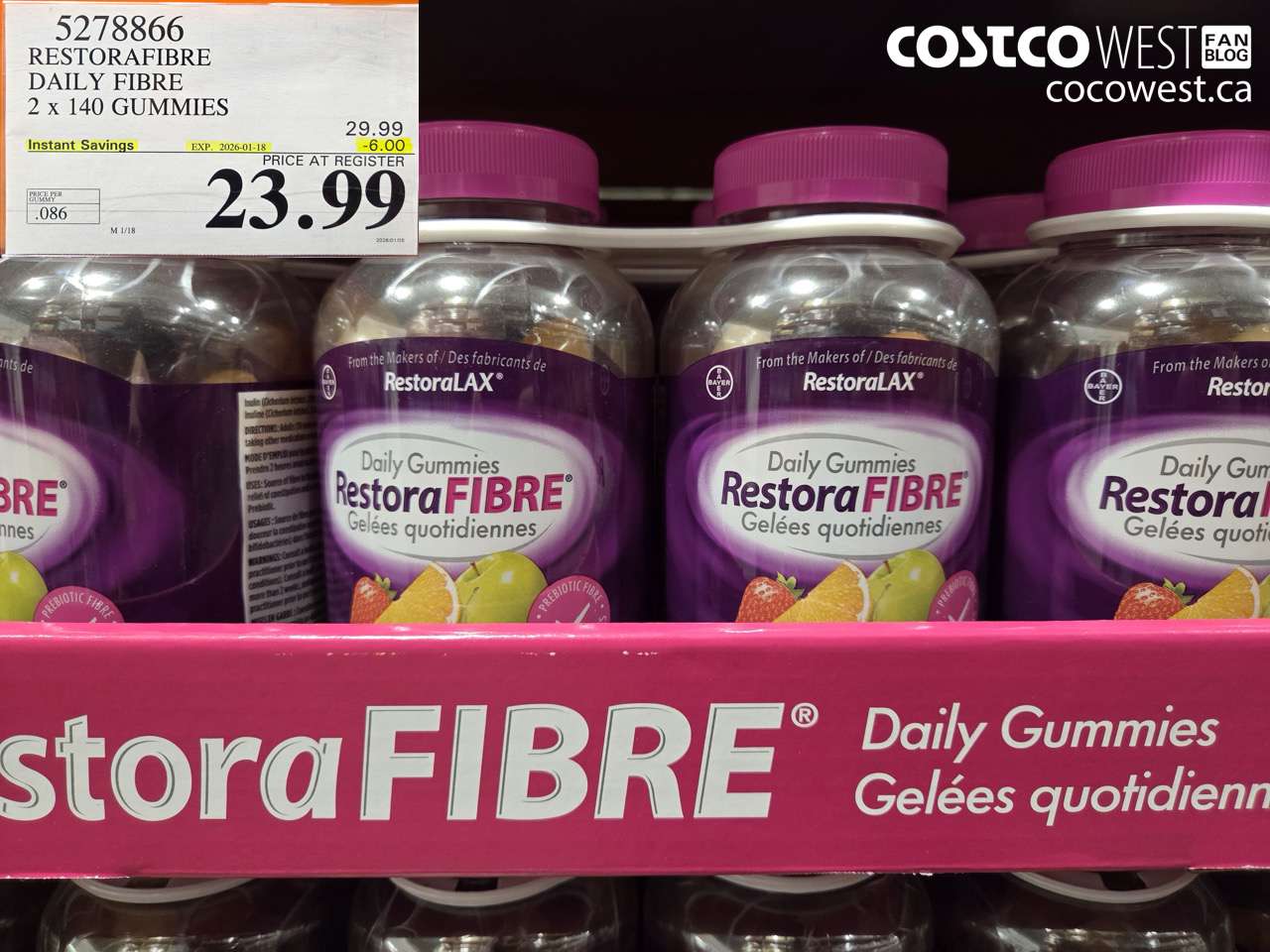 5278866 RESTORAFIBRE DAILY FIBRE 2 X 140 GUMMIES ($6.00 INSTANT SAVINGS EXPIRES ON 2026-01-18) $23.99