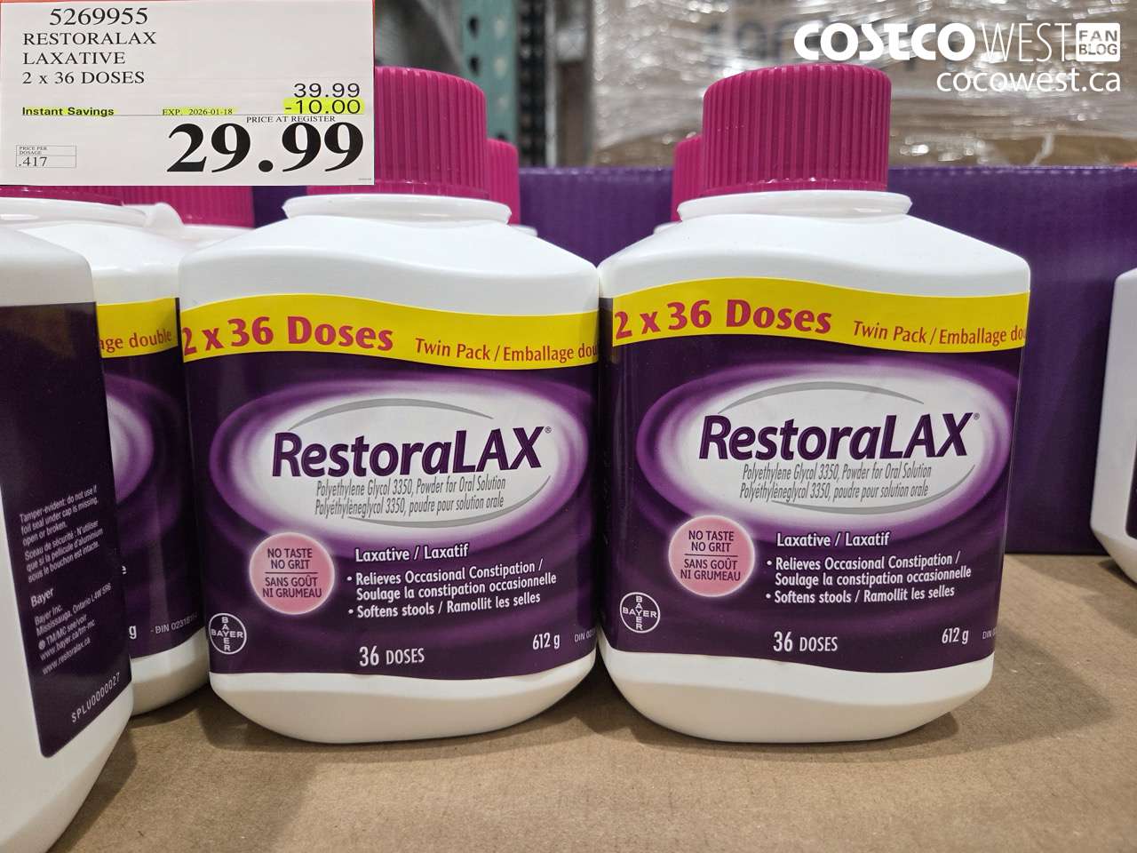 5269955 RESTORALAX LAXATIVE 2 X 36 DOSES ($10.00 INSTANT SAVINGS EXPIRES ON 2026-01-18) $29.99
