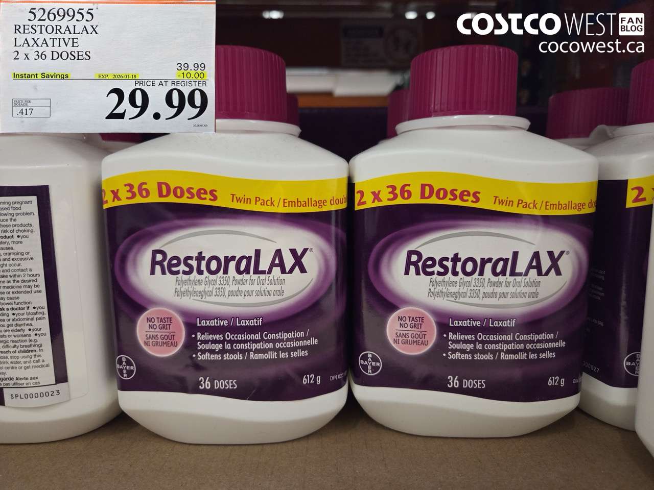 5269955 RESTORALAX LAXATIVE 2 X 36 DOSES ($10.00 INSTANT SAVINGS EXPIRES ON 2026-01-18) $29.99