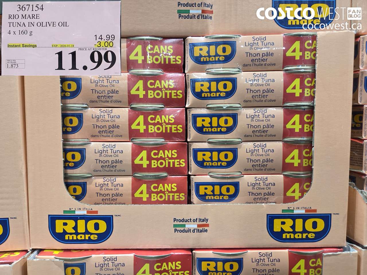 367154 RIO MARE TUNA IN OLIVE OIL 4 x 160 g ($3.00 INSTANT SAVINGS EXPIRES ON 2026-01-18) $11.99