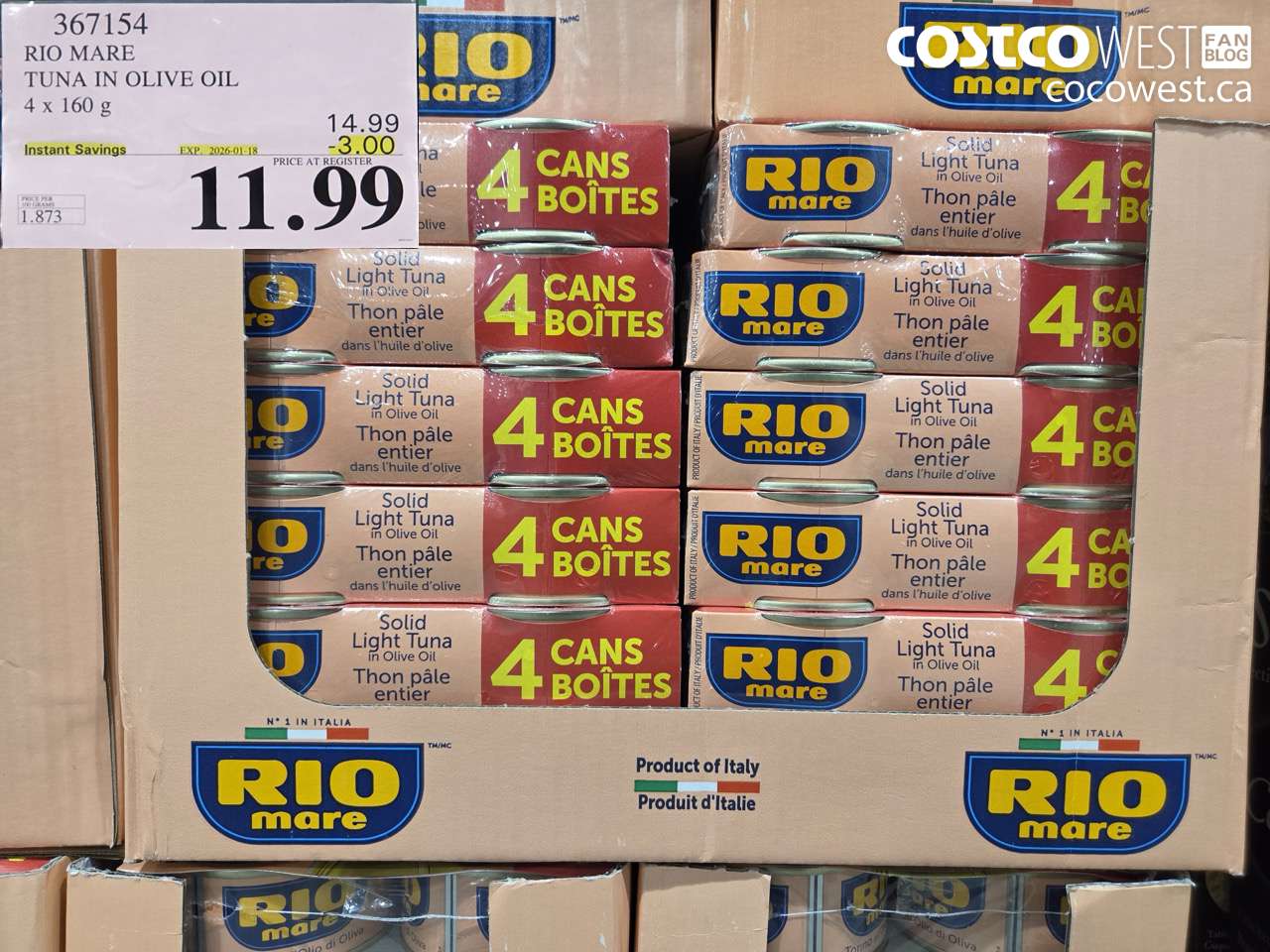 367154 RIO MARE TUNA IN OLIVE OIL 4 x 160 g ($3.00 INSTANT SAVINGS EXPIRES ON 2026-01-18) $11.99