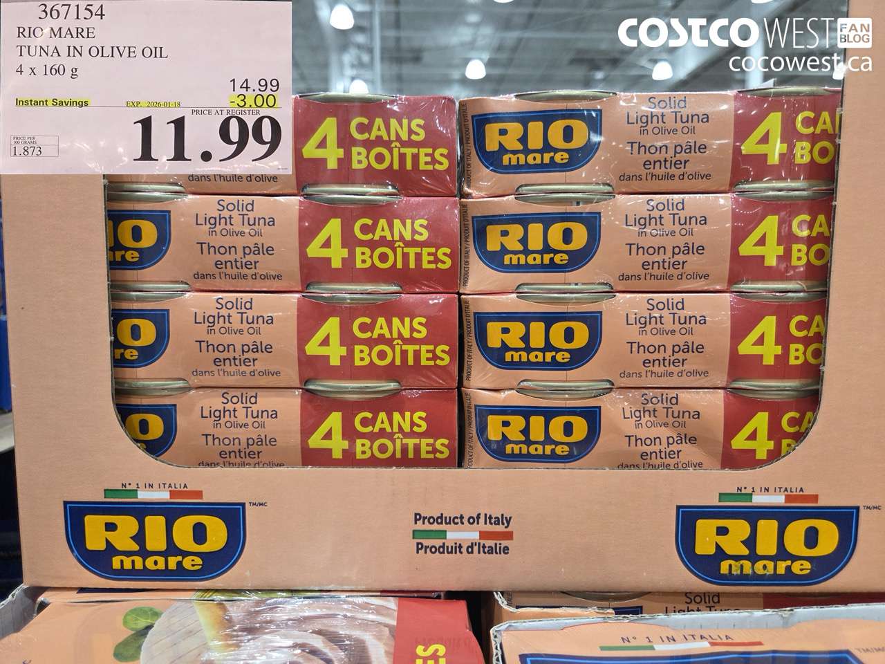 367154 RIO MARE TUNA IN OLIVE OIL 4 x 160 g ($3.00 INSTANT SAVINGS EXPIRES ON 2026-01-18) $11.99