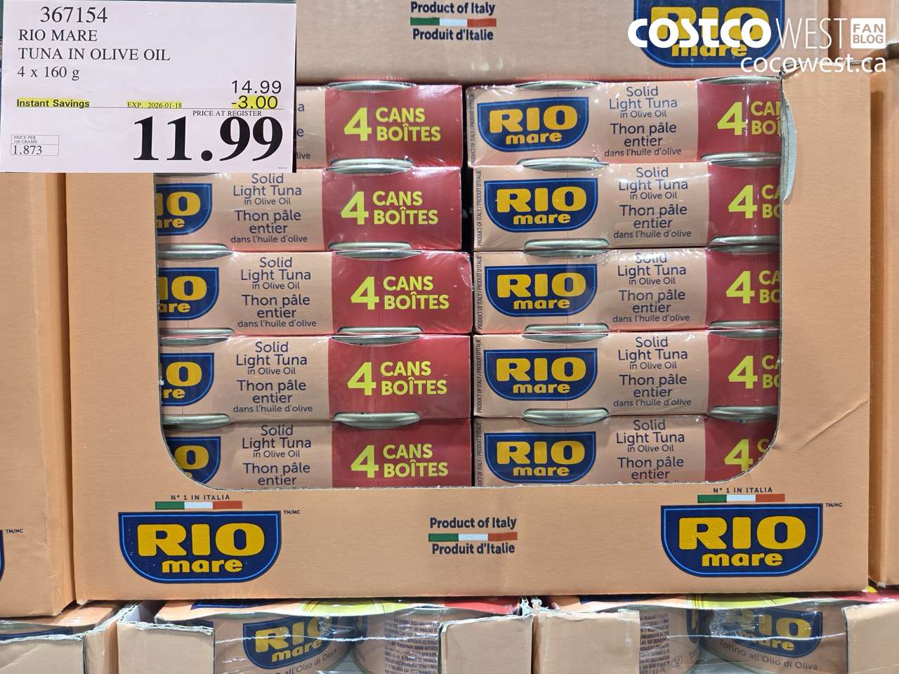 367154 RIO MARE TUNA IN OLIVE OIL 4 x 160 g ($3.00 INSTANT SAVINGS EXPIRES ON 2026-01-18) $11.99