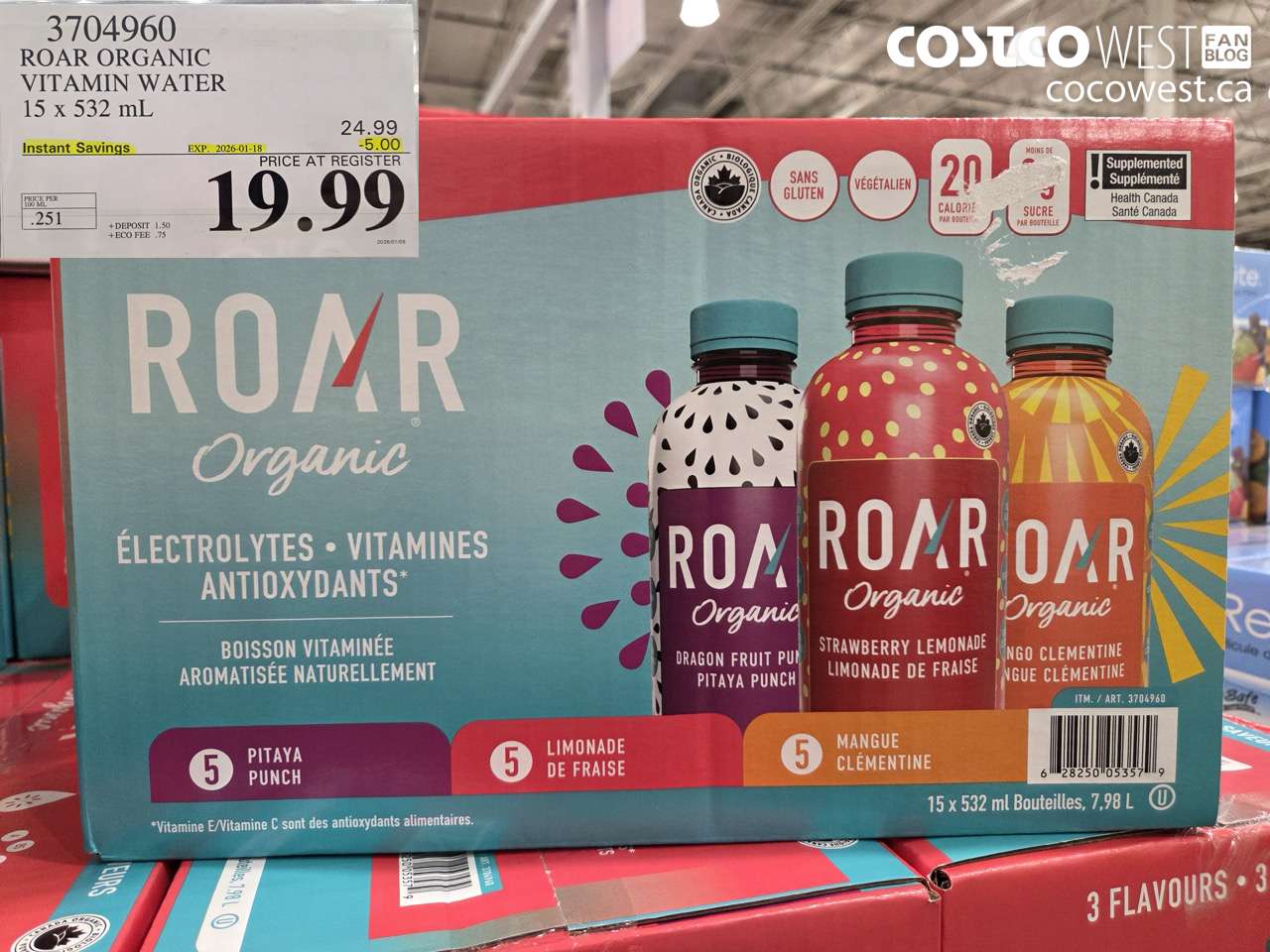3704960 ROAR ORGANIC VITAMIN WATER 15 X 532ML ($5.00 INSTANT SAVINGS EXPIRES ON 2026-01-18) $19.99