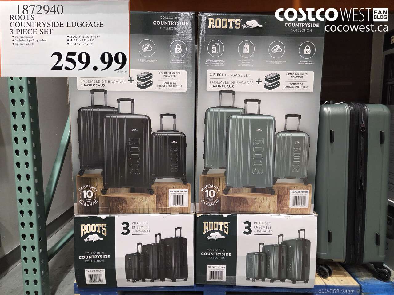 1872940 ROOTS COUNTRYSIDE LUGGAGE 3 PIECE SET $259.99