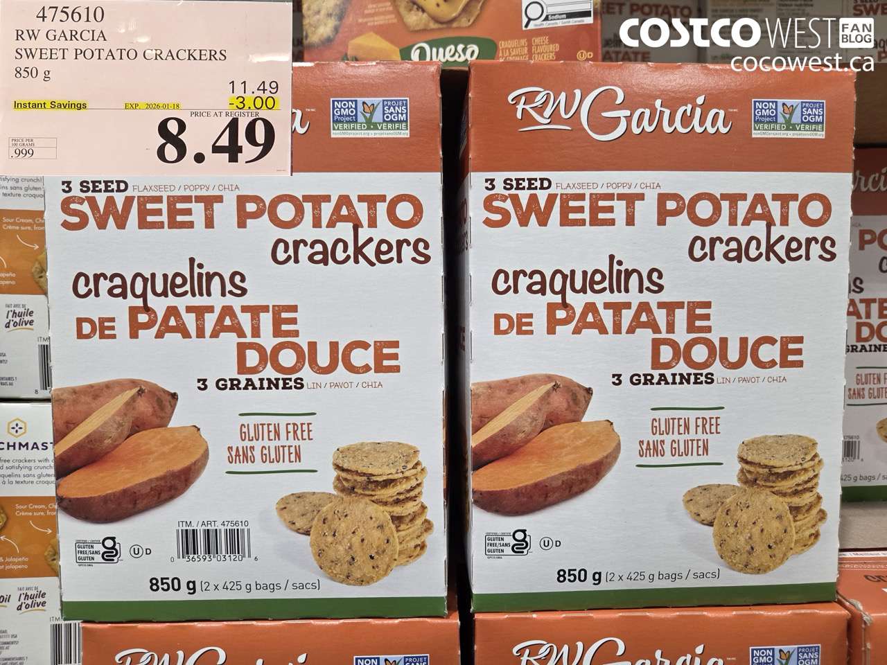475610 RW GARCIA SWEET POTATO CRACKERS 850 g ($3.00 INSTANT SAVINGS EXPIRES ON 2026-01-18) $8.49