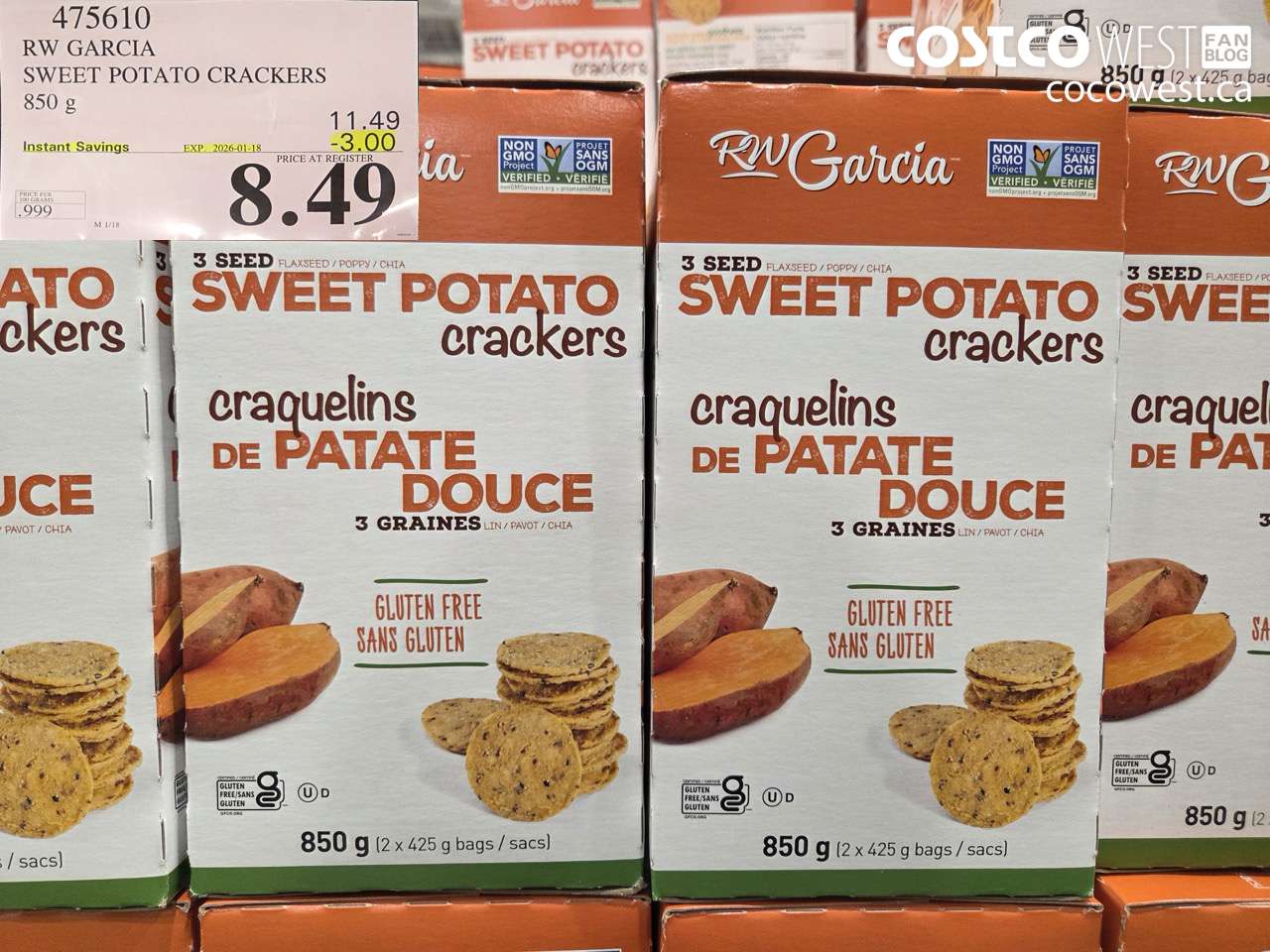 475610 RW GARCIA SWEET POTATO CRACKERS 850 g ($3.00 INSTANT SAVINGS EXPIRES ON 2026-01-18) $8.49