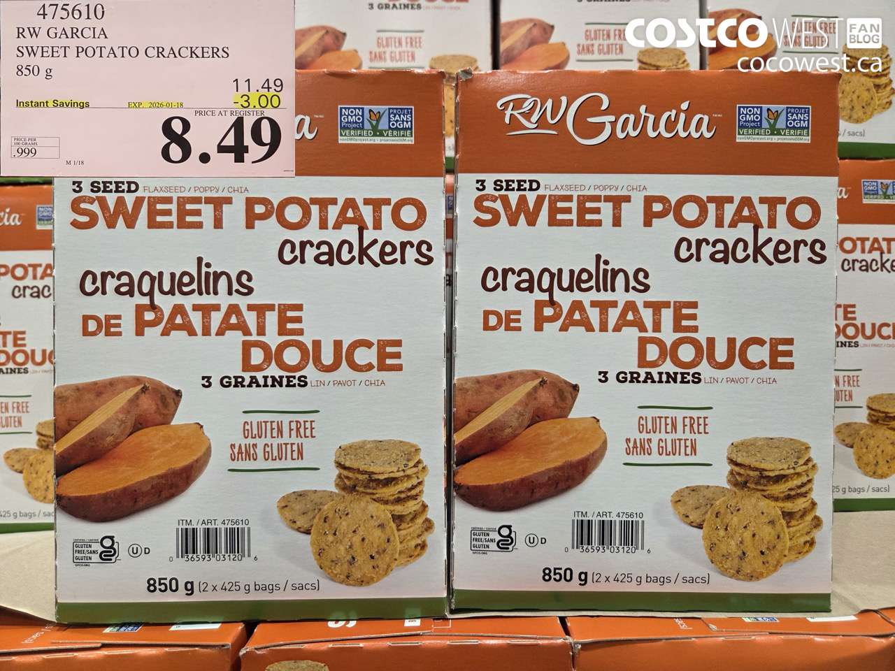 475610 RW GARCIA SWEET POTATO CRACKERS 850 g ($3.00 INSTANT SAVINGS EXPIRES ON 2026-01-18) $8.49