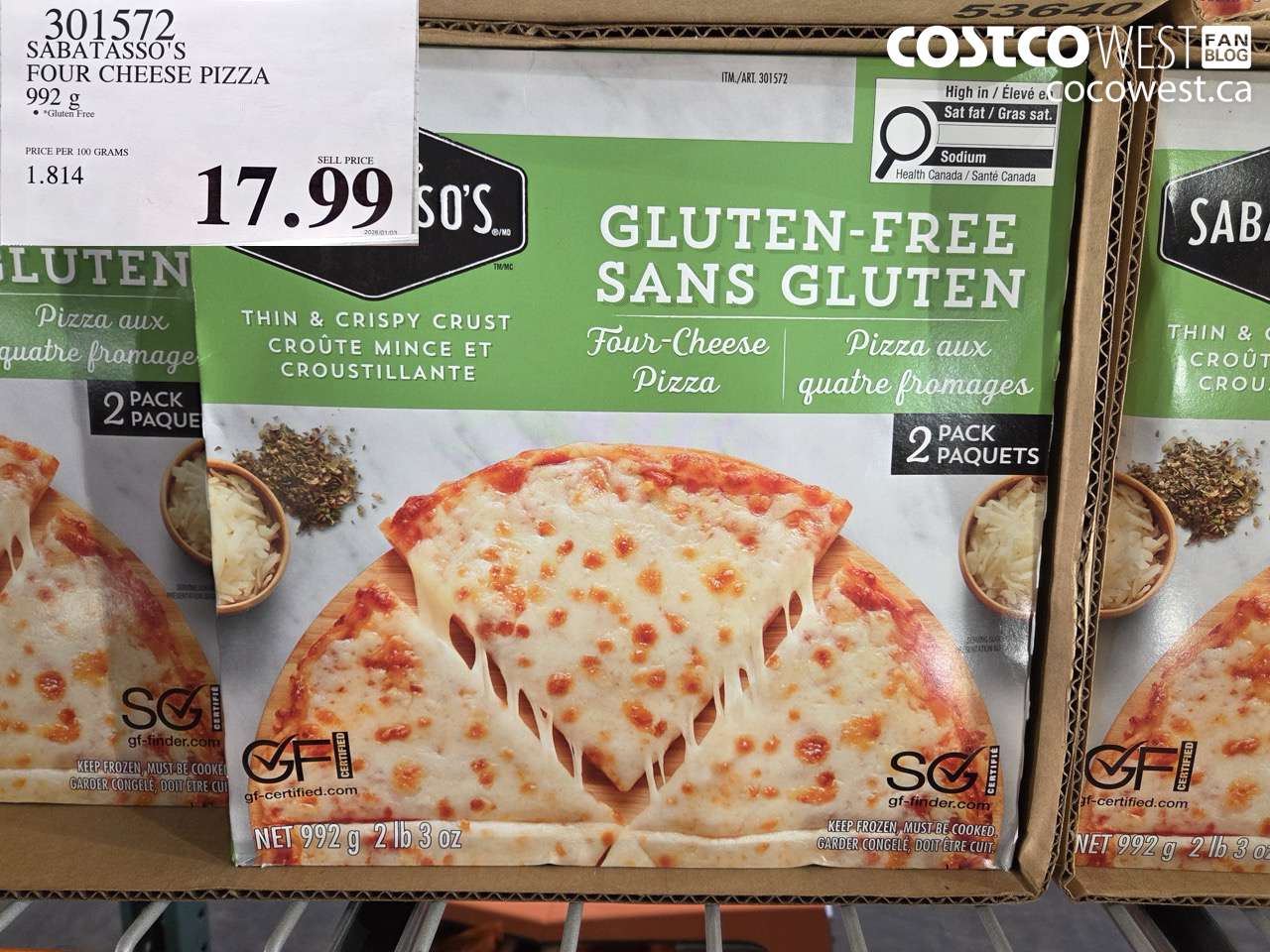 301572 SABATASSO'S GLUTEN-FREE CHEESE PIZZA 2 X 496 G $17.99