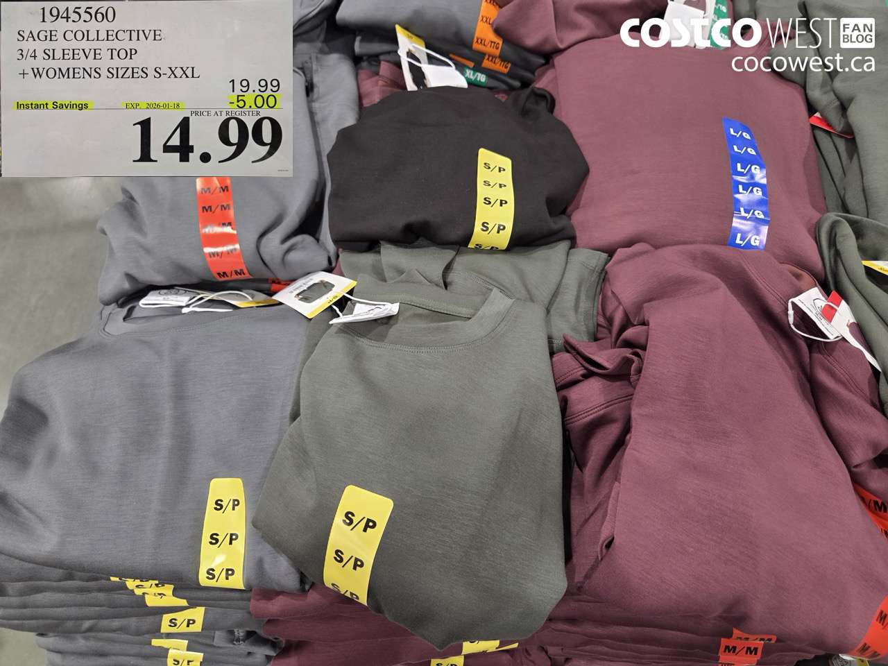 1945560 SAGE COLLECTIVE 3/4 SLEEVE TOP WOMENS SIZES S-XXL ($5.00 INSTANT SAVINGS EXPIRES ON 2026-01-18) $14.99