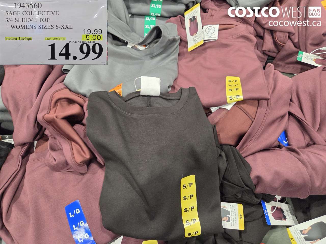 1945560 SAGE COLLECTIVE 3/4 SLEEVE TOP WOMENS SIZES S-XXL ($5.00 INSTANT SAVINGS EXPIRES ON 2026-01-18) $14.99