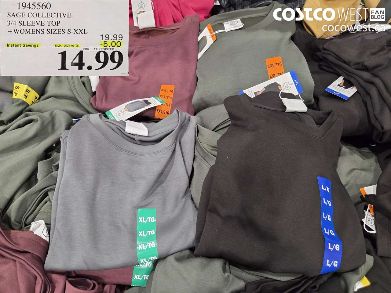 1945560 SAGE COLLECTIVE 3/4 SLEEVE TOP WOMENS SIZES S-XXL ($5.00 INSTANT SAVINGS EXPIRES ON 2026-01-18) $14.99