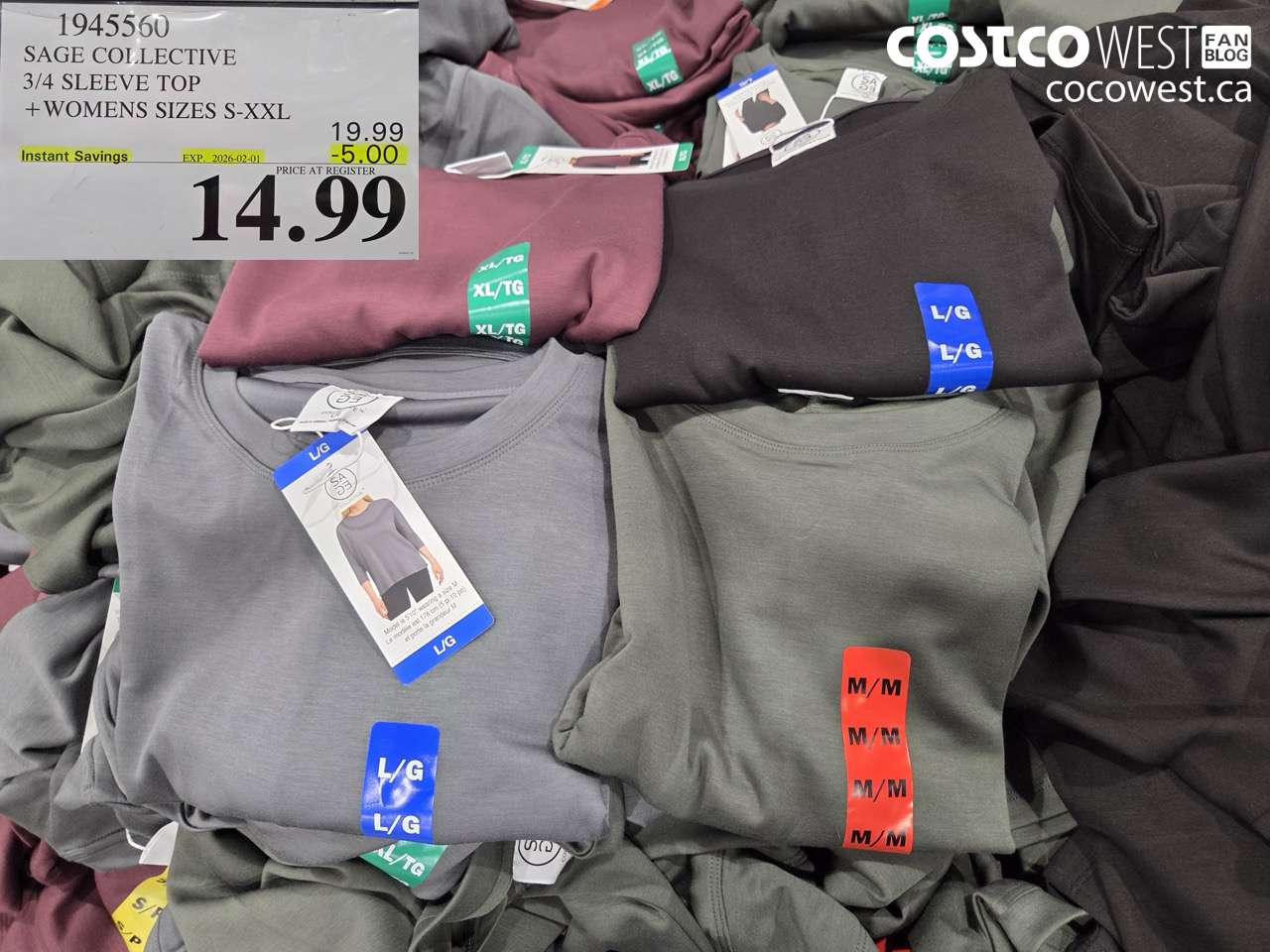 1945560 SAGE COLLECTIVE 3/4 SLEEVE TOP WOMENS SIZES S-XXL ($5.00 INSTANT SAVINGS EXPIRES ON 2026-02-01) $14.99