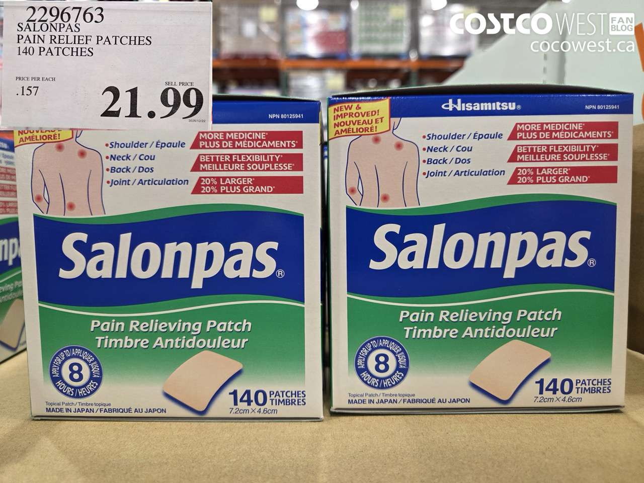 2296763 SALONPAS PAIN RELIEF PATCHES 140 PATCHES $21.99