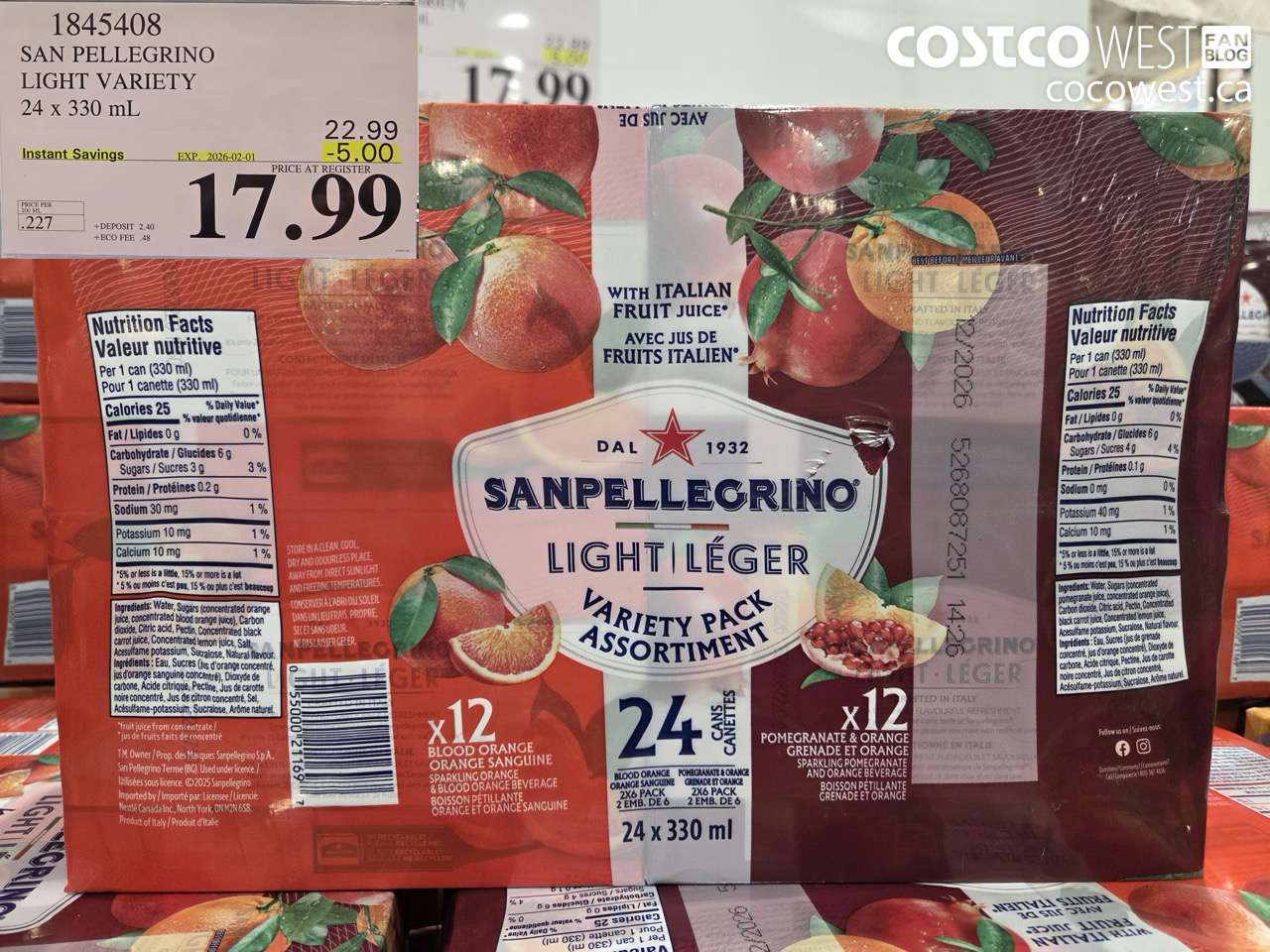 1845408 SAN PELLEGRINO LIGHT VARIETY 24 X 330ML ($5.00 INSTANT SAVINGS EXPIRES ON 2026-02-01) $17.99