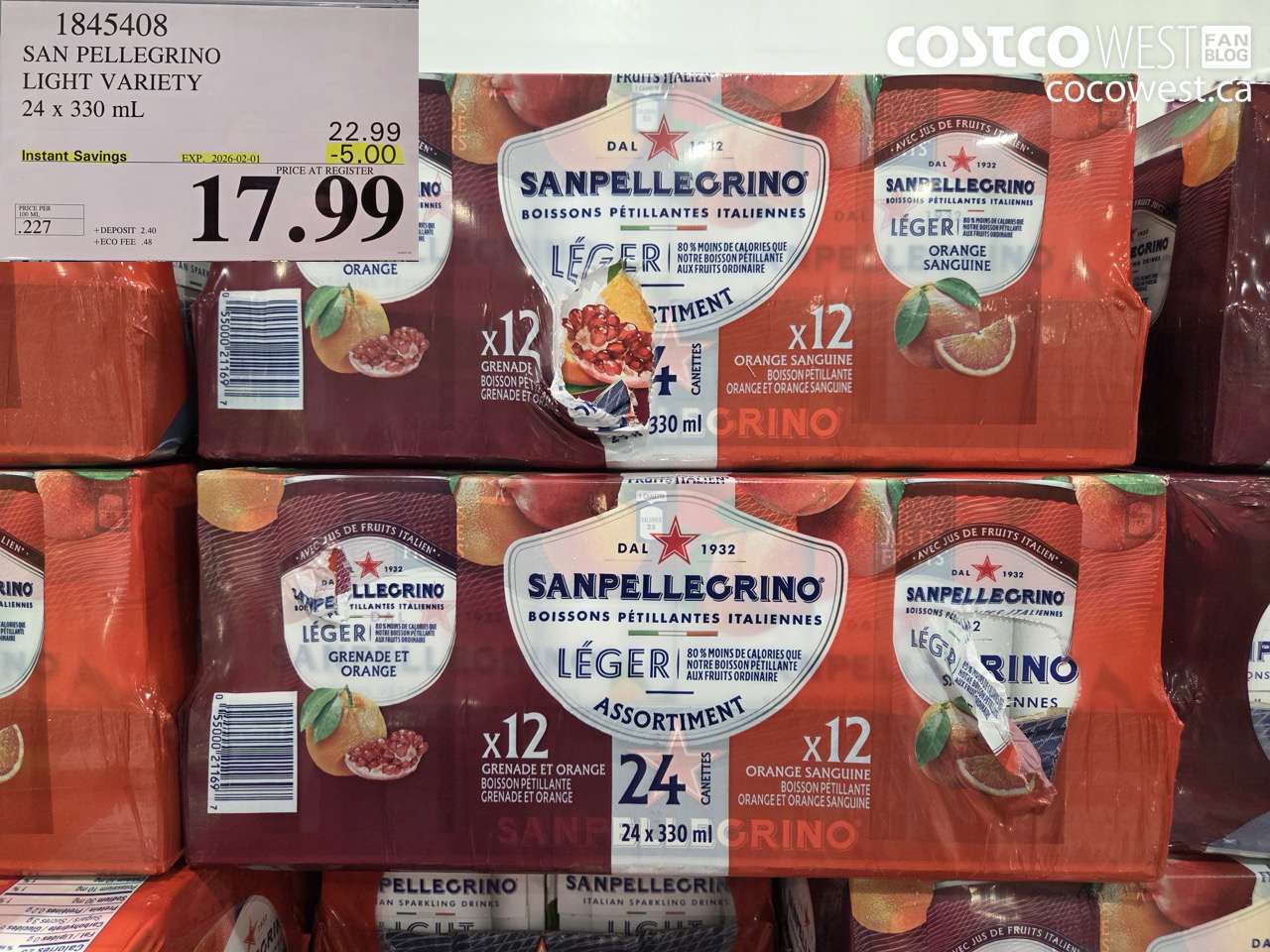 1845408 SAN PELLEGRINO LIGHT VARIETY 24 X 330ML ($5.00 INSTANT SAVINGS EXPIRES ON 2026-02-01) $17.99