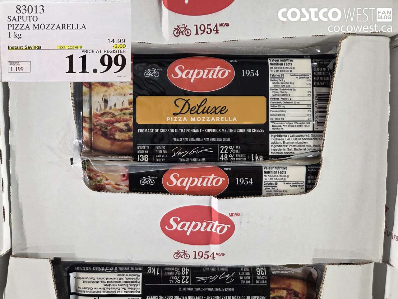 83013 SAPUTO PIZZA MOZZARELLA 1 kg ($3.00 INSTANT SAVINGS EXPIRES ON 2026-01-18) $11.99