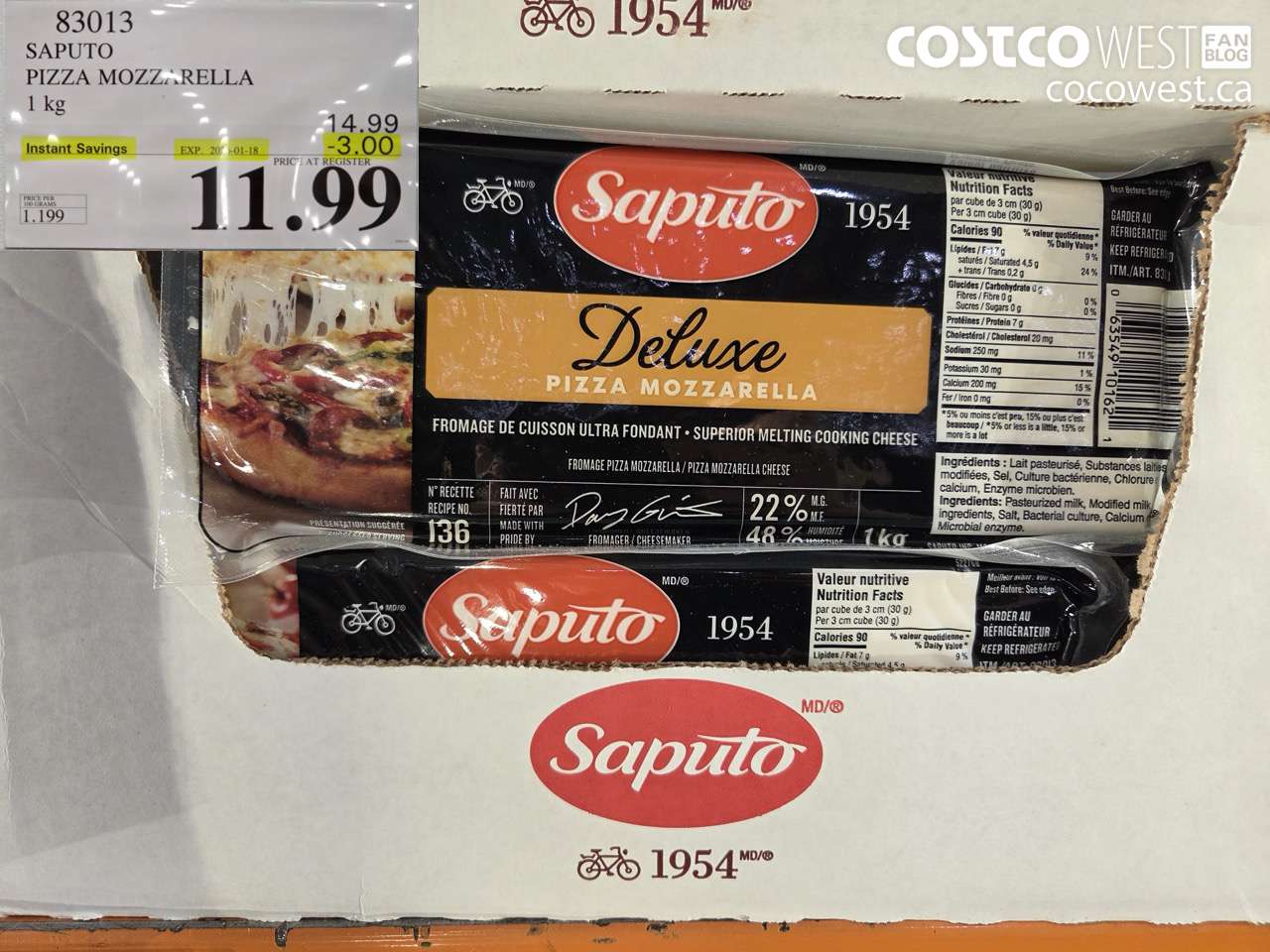 83013 SAPUTO PIZZA MOZZARELLA 1 kg ($3.00 INSTANT SAVINGS EXPIRES ON 2026-01-18) $11.99