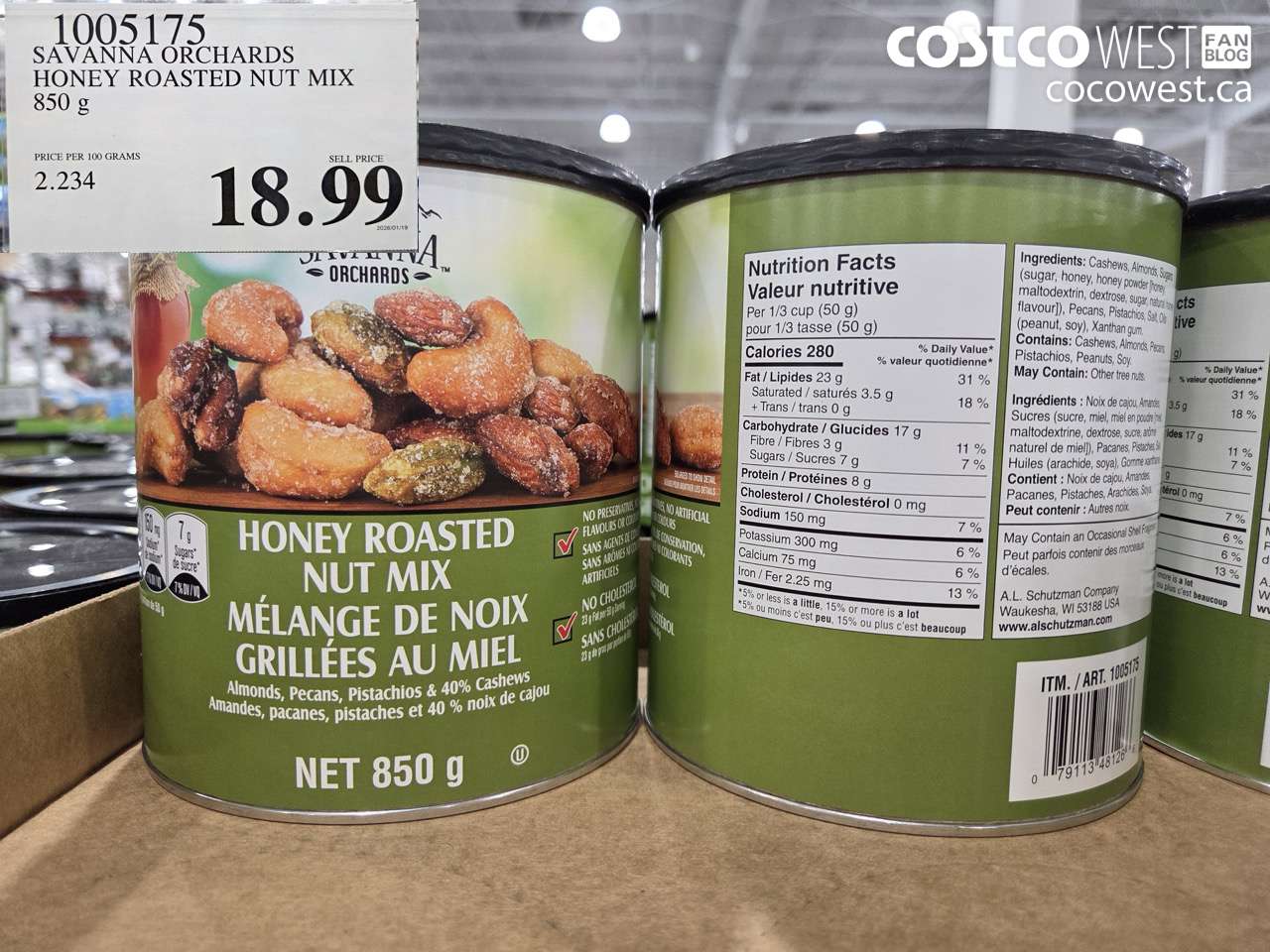 1005175 SAVANNA ORCHARDS HONEY-ROASTED NUT MIX 850 G $18.99