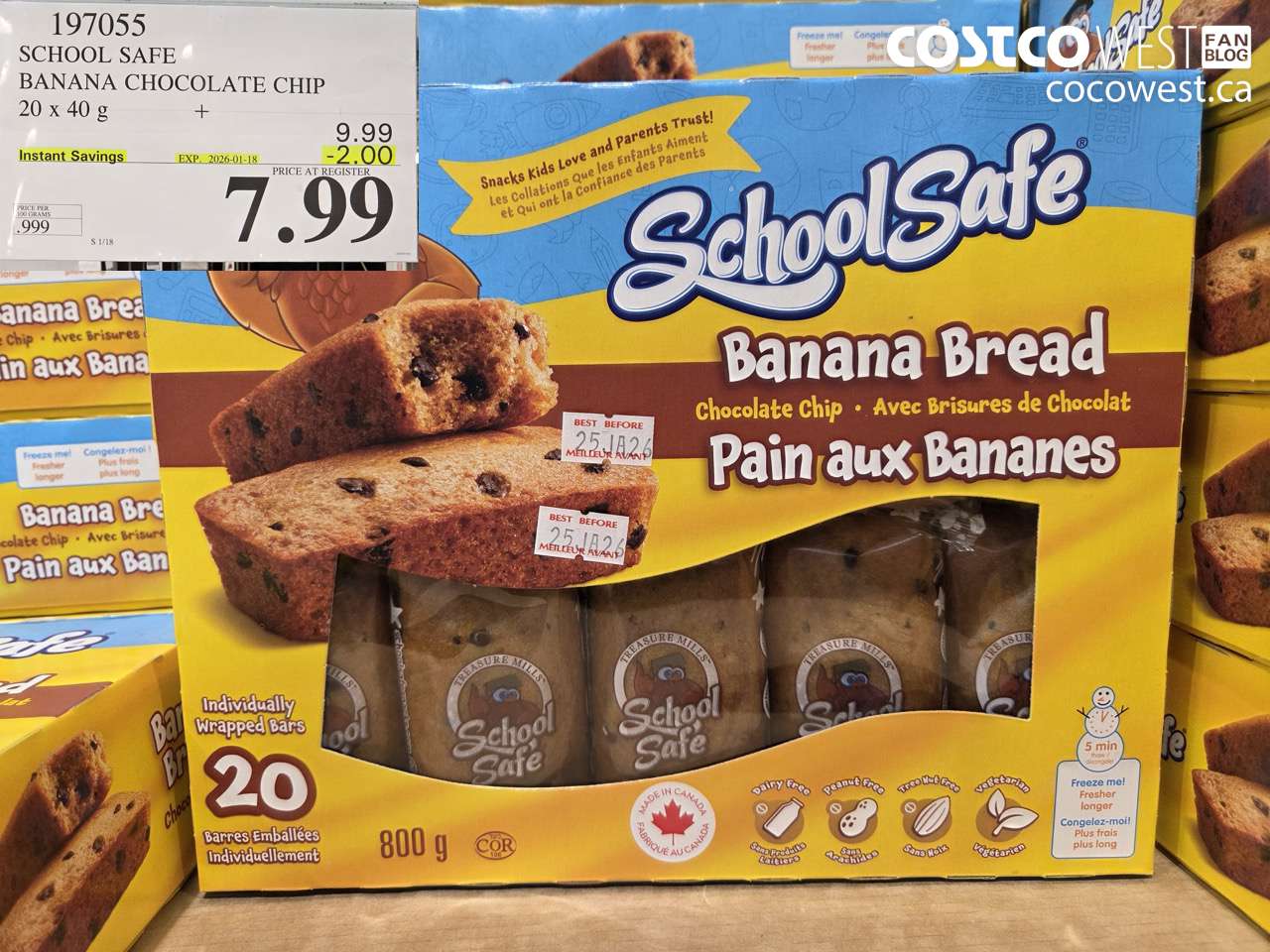 197055 SCHOOL SAFE CHOCOLATE CHIP BANANA BREAD 20 X 40 G ($2.00 INSTANT SAVINGS EXPIRES ON 2026-01-18) $7.99