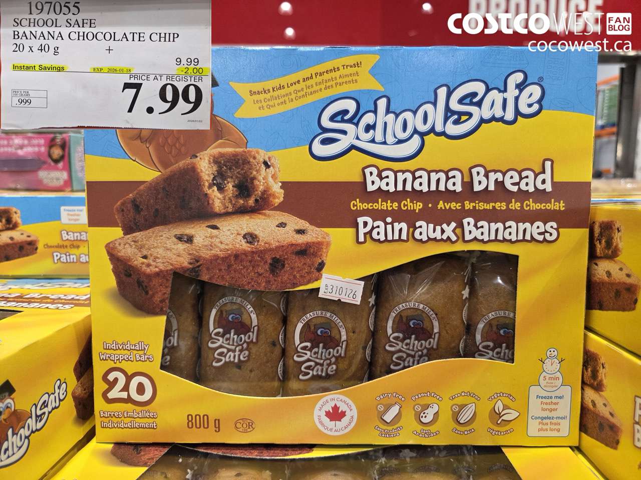 197055 SCHOOL SAFE CHOCOLATE CHIP BANANA BREAD 20 X 40 G ($2.00 INSTANT SAVINGS EXPIRES ON 2026-01-18) $7.99