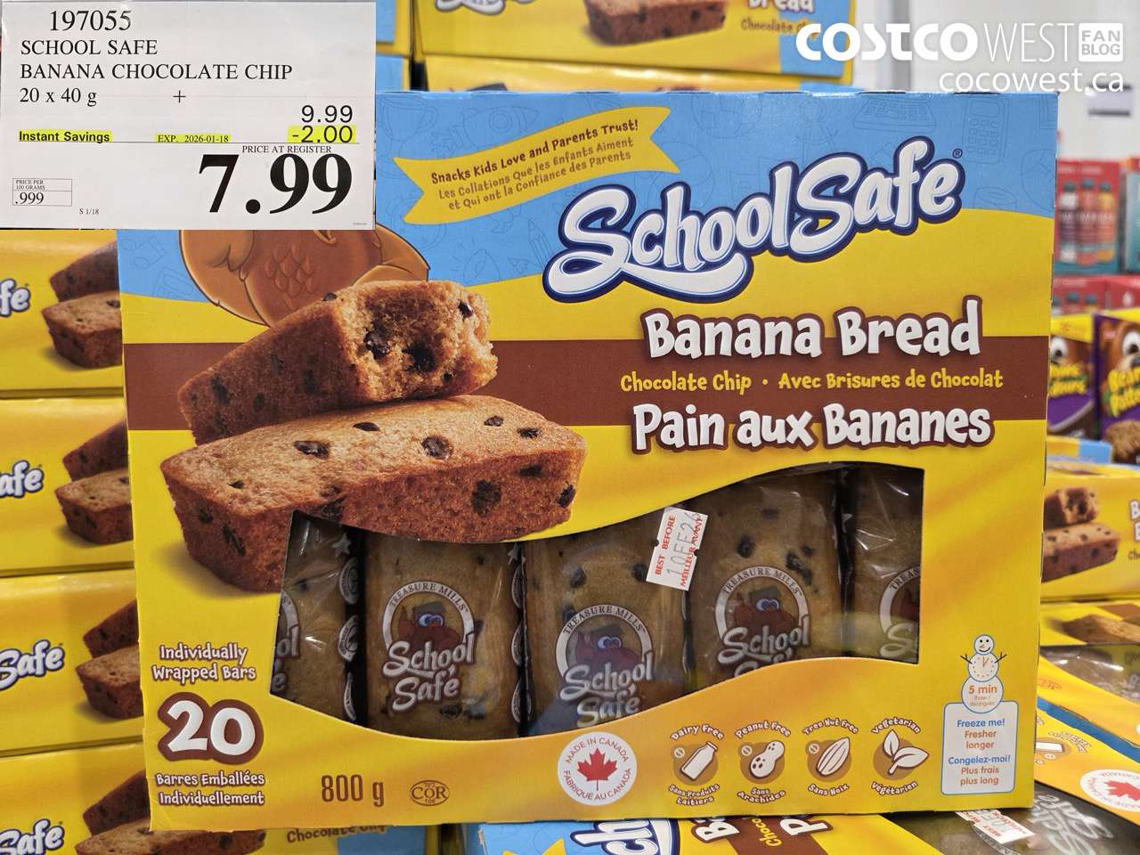 197055 SCHOOL SAFE CHOCOLATE CHIP BANANA BREAD 20 X 40 G ($2.00 INSTANT SAVINGS EXPIRES ON 2026-01-18) $7.99