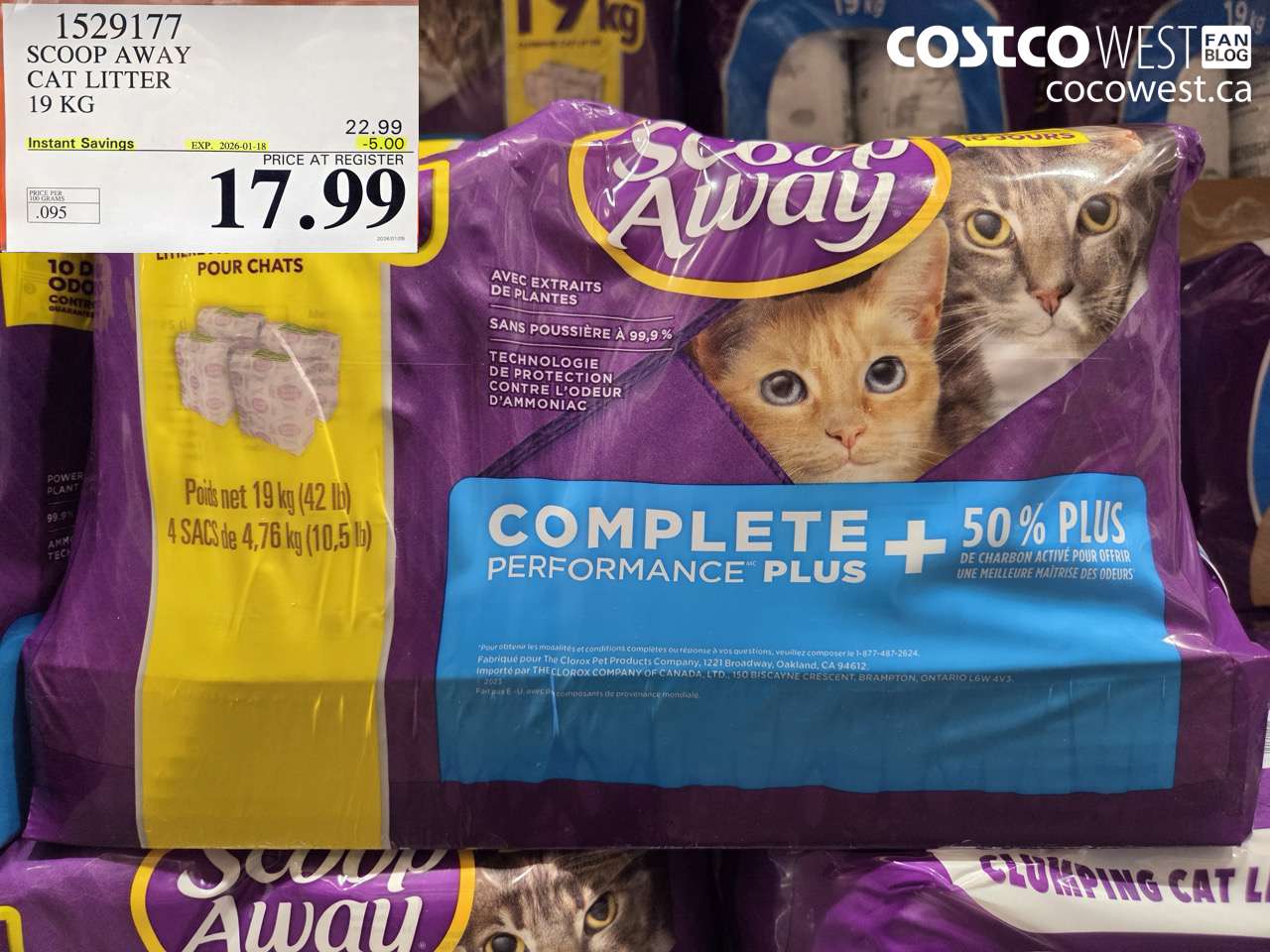 1529177 SCOOP AWAY CAT LITTER 19 KG ($5.00 INSTANT SAVINGS EXPIRES ON 2026-01-18) $17.99