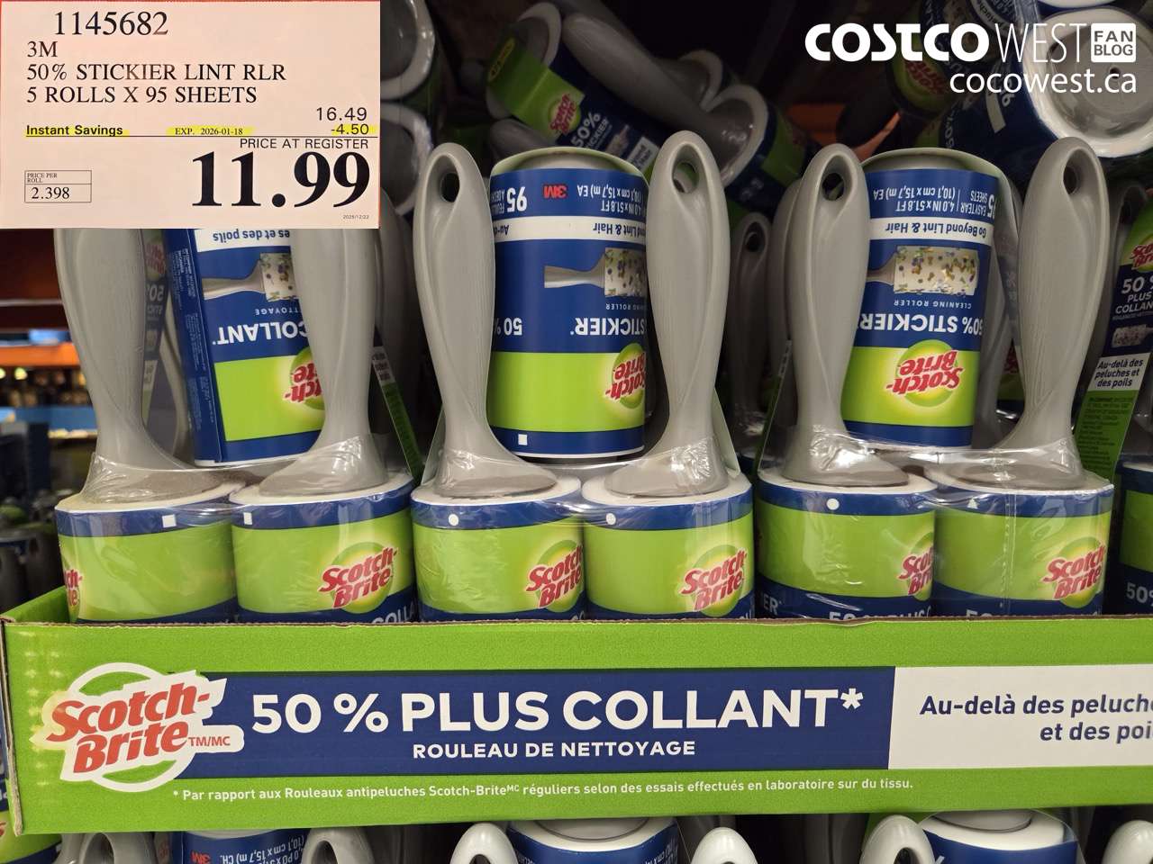 1145682 SCOTCH BRITE 50% STICKIER LINT RLR 5 ROLLS X 95 SHEETS ($4.50 INSTANT SAVINGS EXPIRES ON 2026-01-18) $11.99