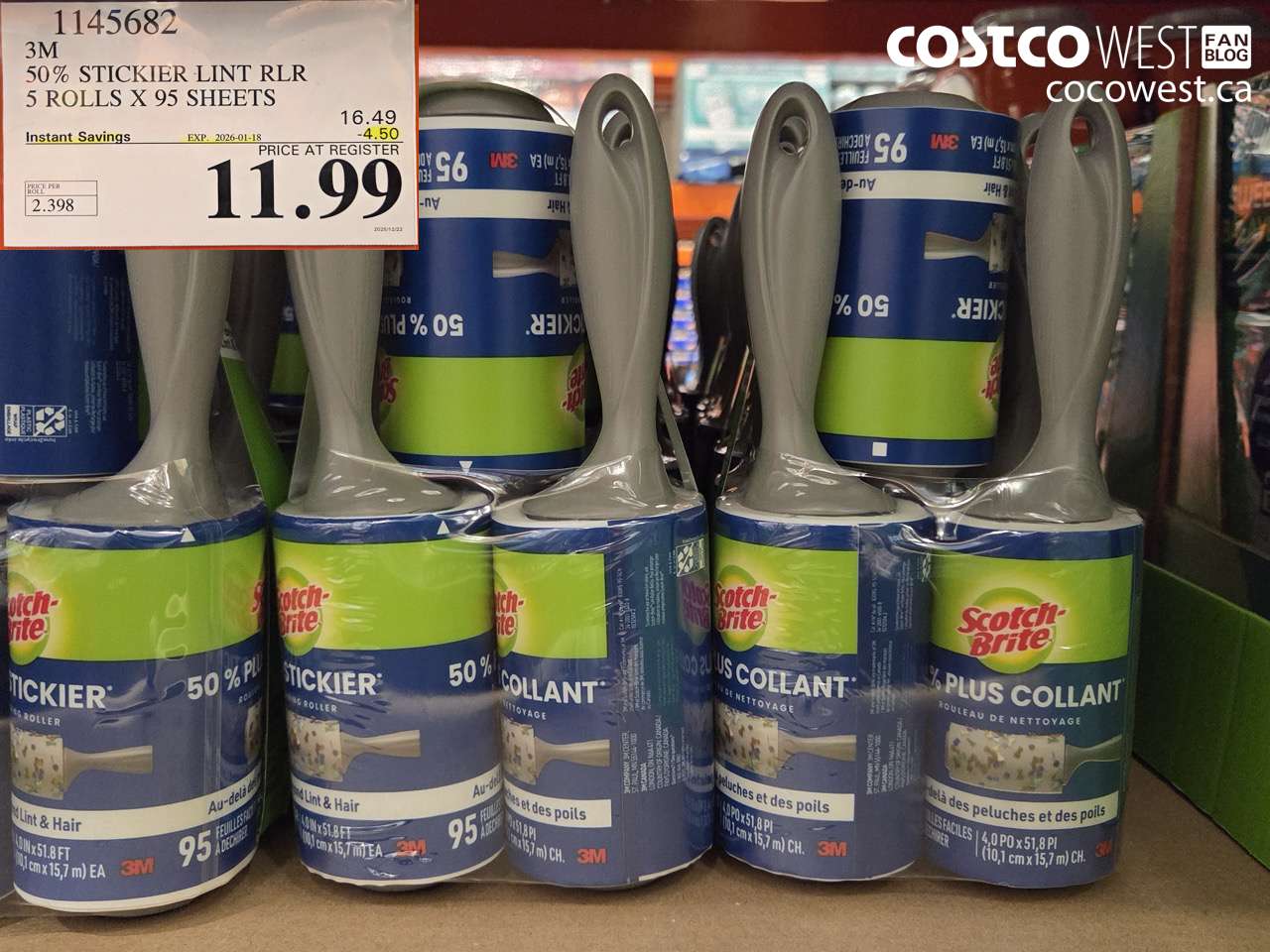 1145682 SCOTCH BRITE 50% STICKIER LINT RLR 5 ROLLS X 95 SHEETS ($4.50 INSTANT SAVINGS EXPIRES ON 2026-01-18) $11.99