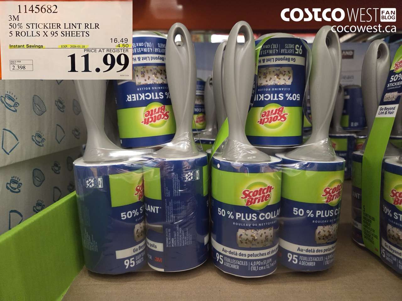 1145682 SCOTCH BRITE 50% STICKIER LINT RLR 5 ROLLS X 95 SHEETS ($4.50 INSTANT SAVINGS EXPIRES ON 2026-01-18) $11.99