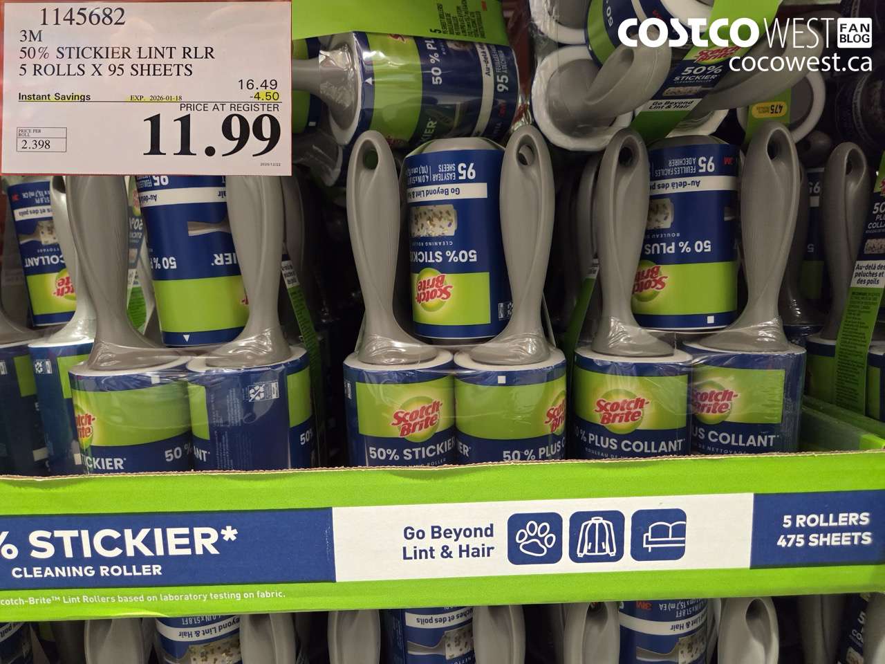 1145682 SCOTCH BRITE 50% STICKIER LINT RLR 5 ROLLS X 95 SHEETS ($4.50 INSTANT SAVINGS EXPIRES ON 2026-01-18) $11.99