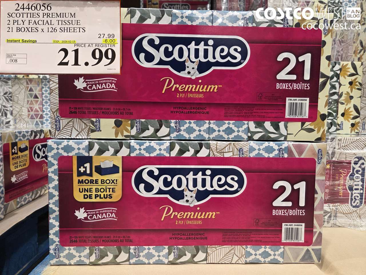 2446056 SCOTTIES PREMIUM 2 PLY FACIAL TISSUE 21 BOXES X 126 SHEETS ($6.00 INSTANT SAVINGS EXPIRES ON 2026-02-15) $21.99