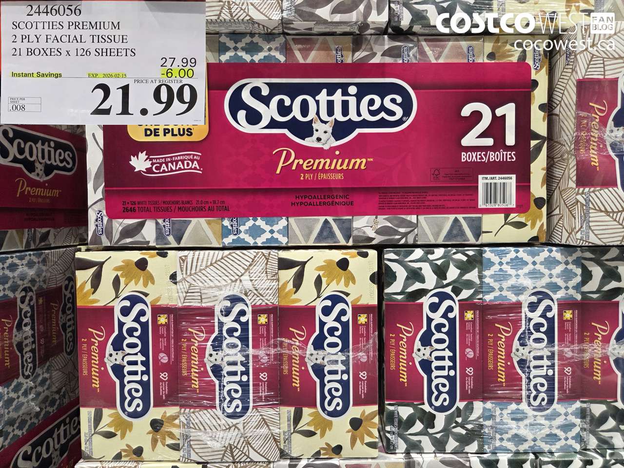 2446056 SCOTTIES PREMIUM 2 PLY FACIAL TISSUE 21 BOXES X 126 SHEETS ($6.00 INSTANT SAVINGS EXPIRES ON 2026-02-15) $21.99