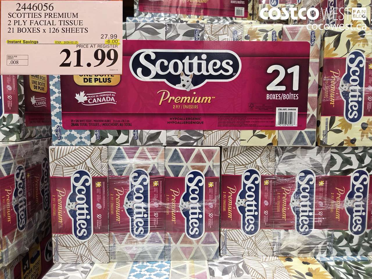 2446056 SCOTTIES PREMIUM 2 PLY FACIAL TISSUE 21 BOXES X 126 SHEETS ($6.00 INSTANT SAVINGS EXPIRES ON 2026-02-15) $21.99
