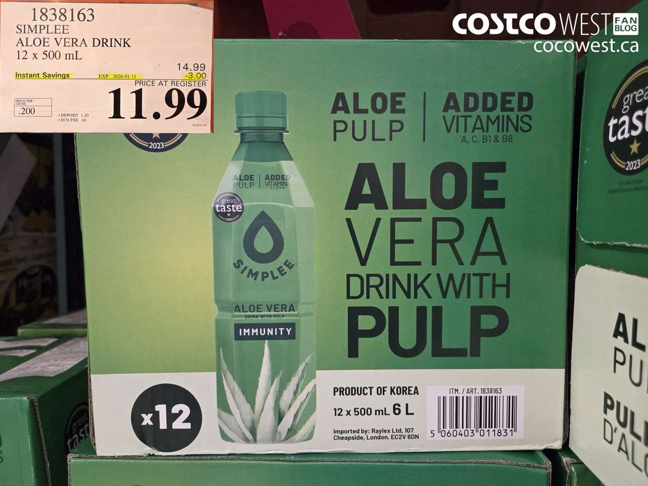1838163 SIMPLEE ALOE VERA DRINK 12 X 500ML ($3.00 INSTANT SAVINGS EXPIRES ON 2026-01-11) $11.99