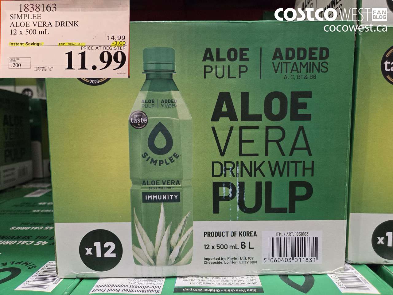 1838163 SIMPLEE ALOE VERA DRINK 12 X 500ML ($3.00 INSTANT SAVINGS EXPIRES ON 2026-01-11) $11.99