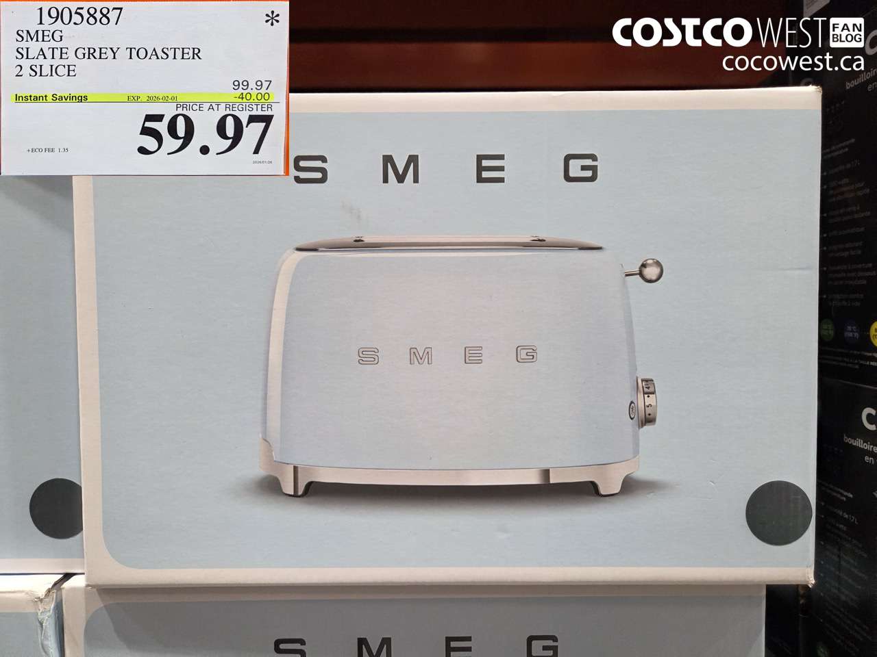 1905887 SMEG 2 SLICE TOASTER SLATE GREY ($40.00 INSTANT SAVINGS EXPIRES ON 2026-02-01) $59.97