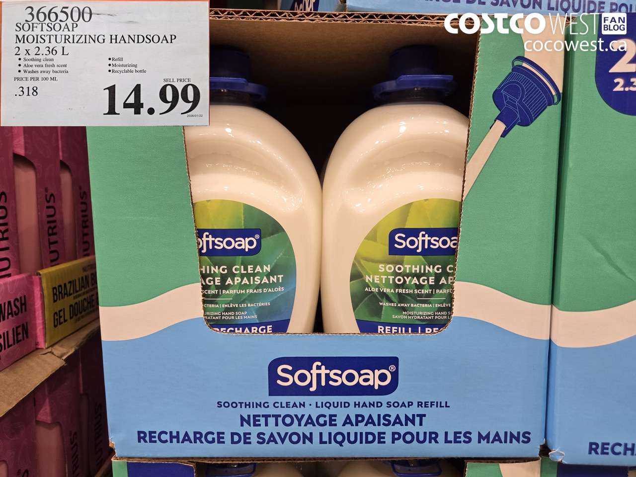 366500 SOFTSOAP HANDSOAP WITH ALOE 2 X 2.36L $14.99