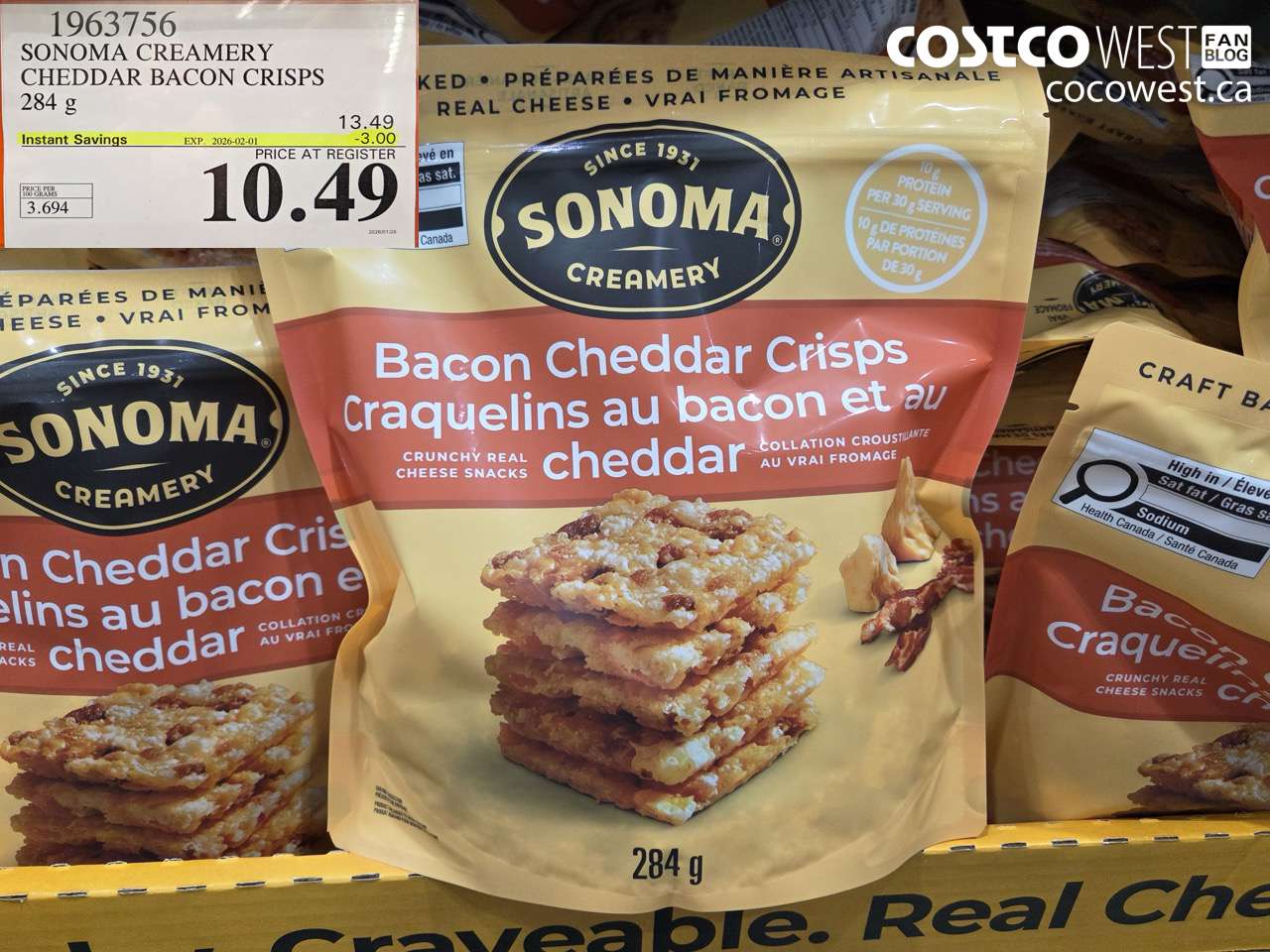 1963756 SONOMA CREAMERY CHEDDAR BACON CRISPS 284G ($3.00 INSTANT SAVINGS EXPIRES ON 2026-02-01) $10.49