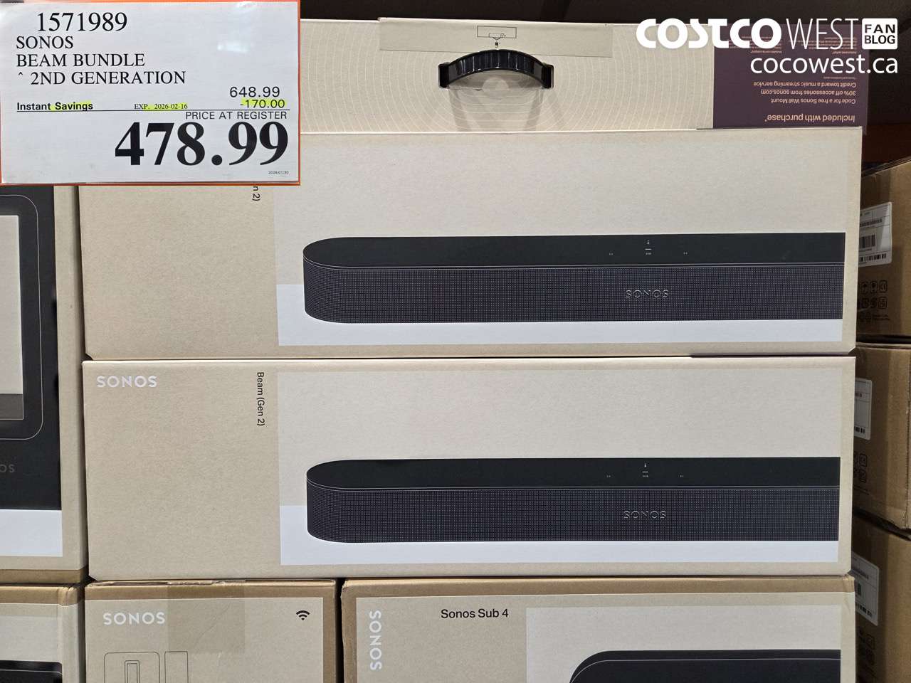 1571989 SONOS BEAM (GEN 2) BUNDLE ($170.00 INSTANT SAVINGS EXPIRES ON 2026-02-16) $478.99