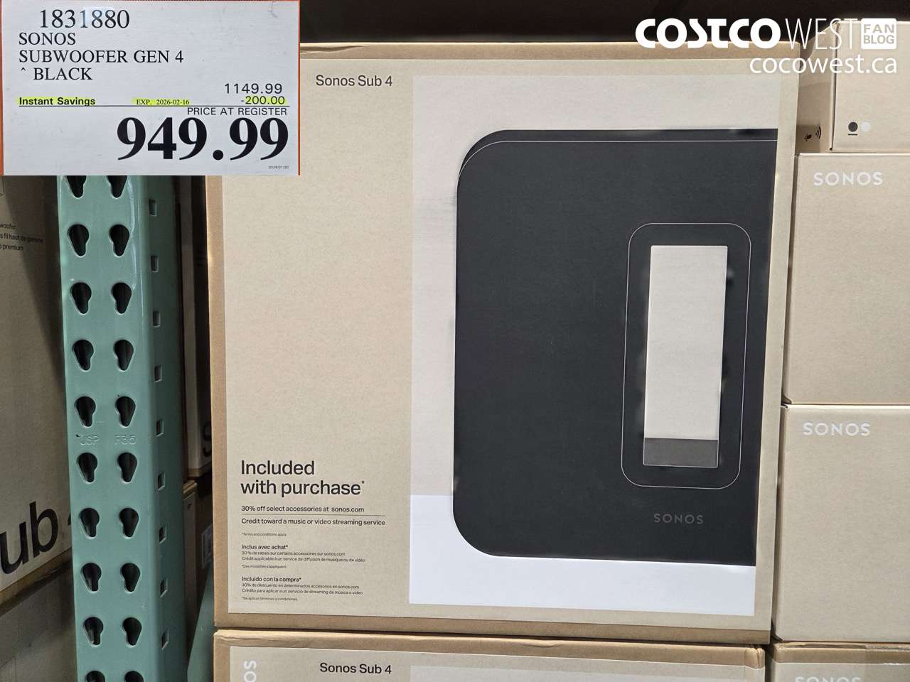 1831880 SONOS SUBWOOFER GEN 4 BLACK ($200.00 INSTANT SAVINGS EXPIRES ON 2026-02-16) $949.99