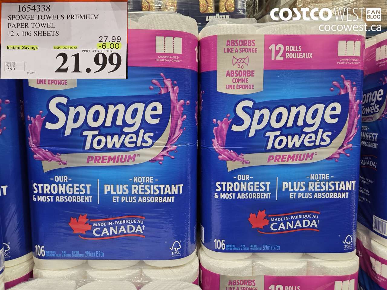 1654338 SPONGE TOWELS PREMIUM PAPER TOWEL 12 X 106 SHEETS ($6.00 INSTANT SAVINGS EXPIRES ON 2026-02-08) $21.99