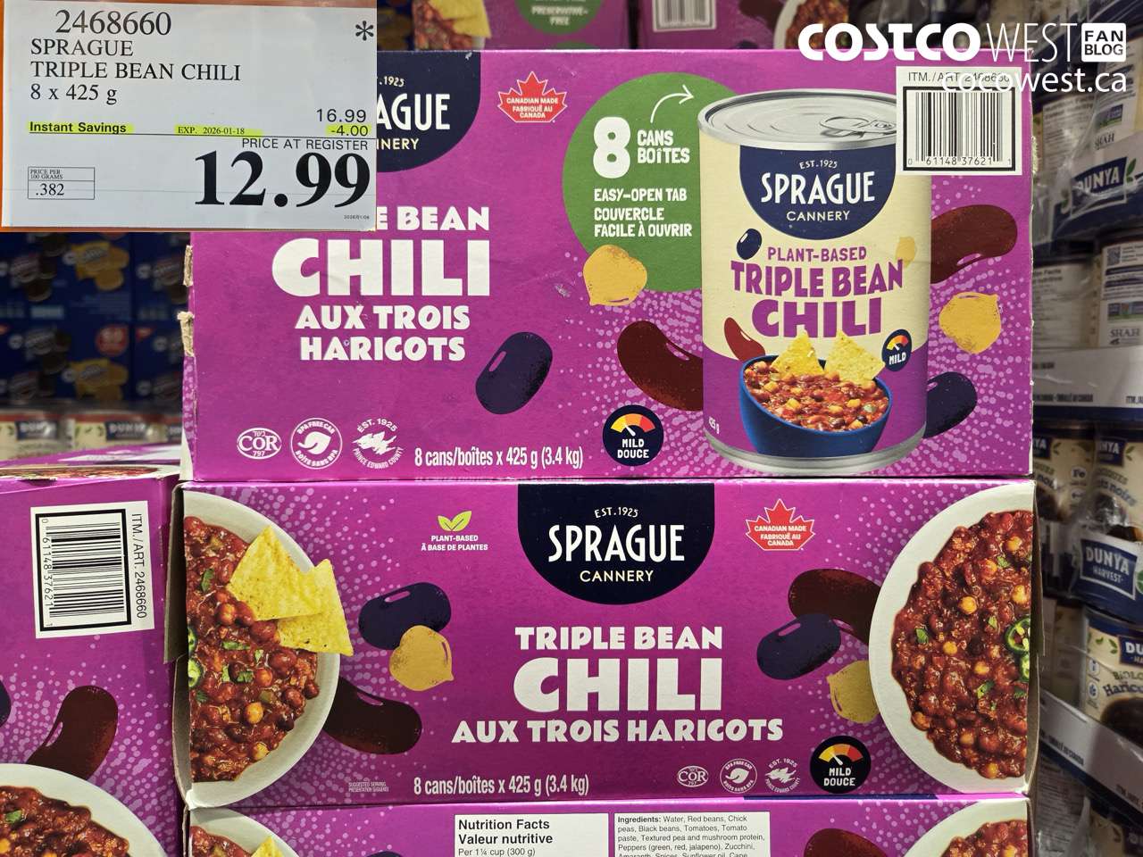 2468660 SPRAGUE TRIPLE BEAN CHILI 8 x 425 g ($4.00 INSTANT SAVINGS EXPIRES ON 2026-01-18) $12.99