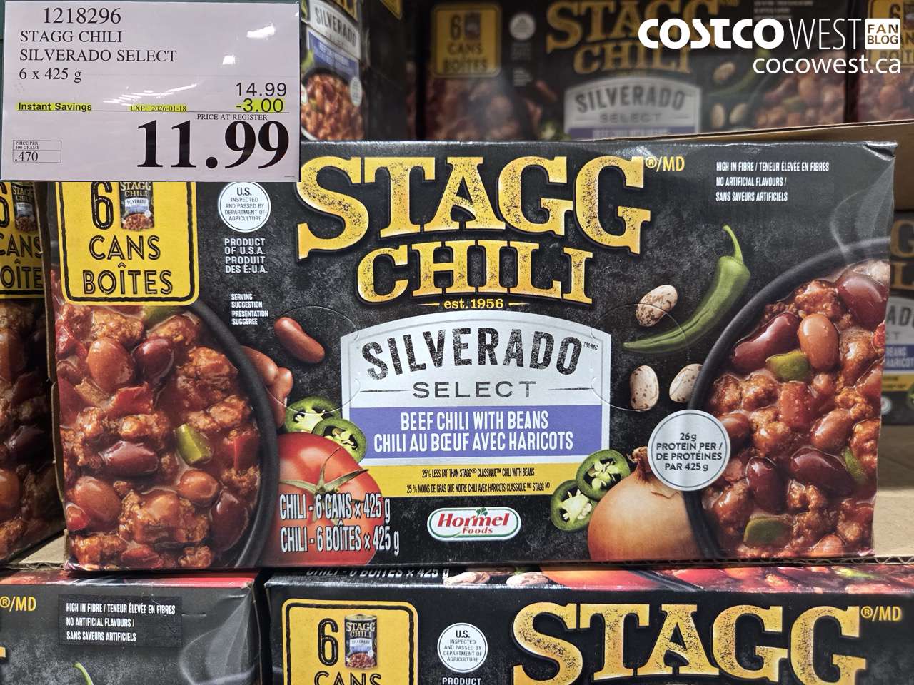 1218296 STAGG CHILI SILVERADO SELECT 6 x 425 g ($3.00 INSTANT SAVINGS EXPIRES ON 2026-01-18) $11.99