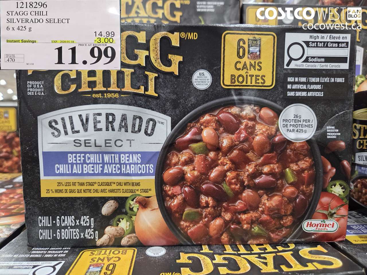 1218296 STAGG CHILI SILVERADO SELECT 6 x 425 g ($3.00 INSTANT SAVINGS EXPIRES ON 2026-01-18) $11.99