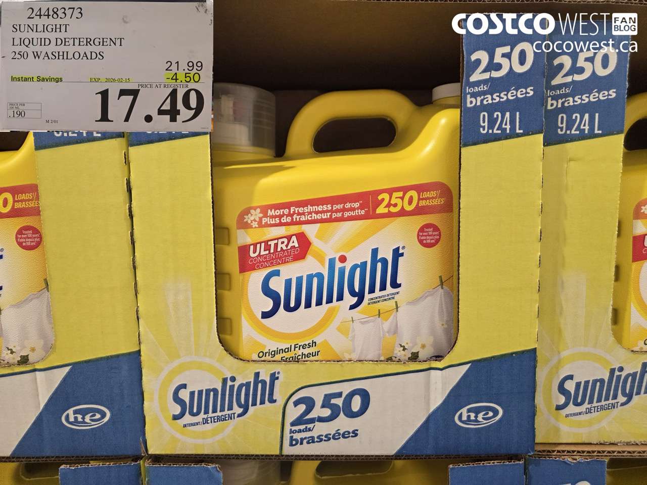 2448373 SUNLIGHT LIQUID DETERGENT 250 WASHLOADS ($4.50 INSTANT SAVINGS EXPIRES ON 2026-02-15) $17.49