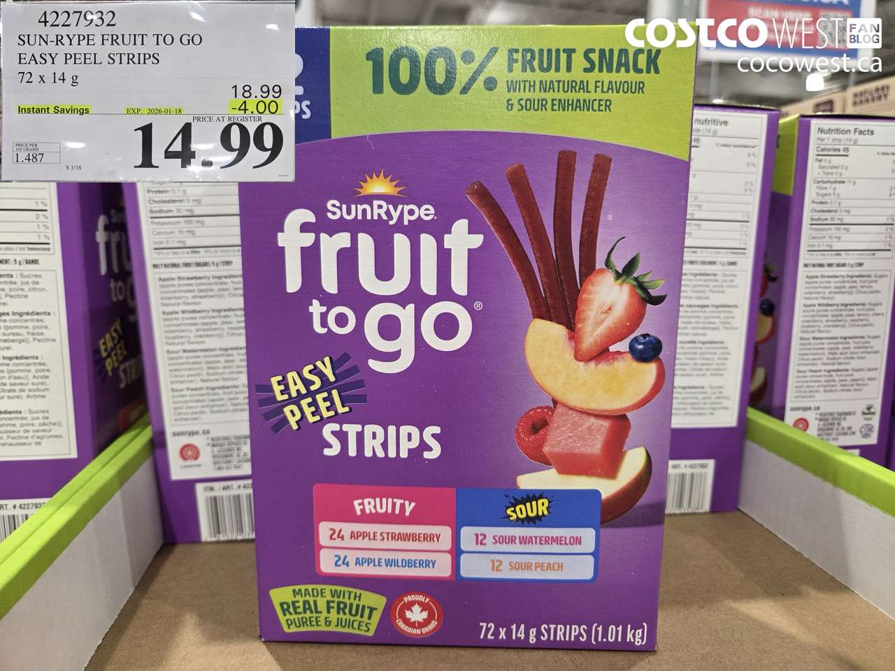 4227932 SUN-RYPE FRUIT TO GO EASY PEEL STRIPS 72 X 14G ($4.00 INSTANT SAVINGS EXPIRES ON 2026-01-18) $14.99
