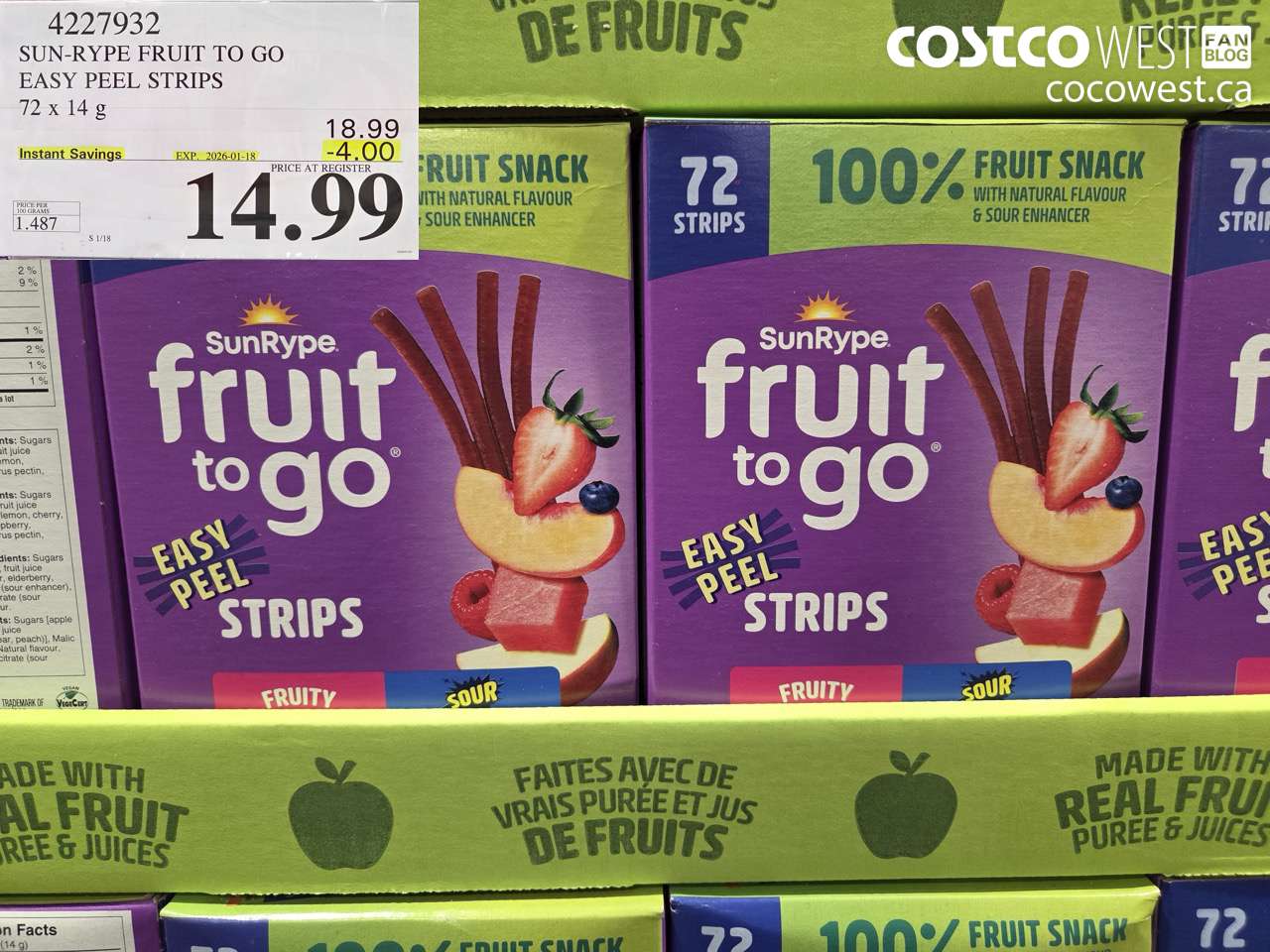 4227932 SUN-RYPE FRUIT TO GO EASY PEEL STRIPS 72 X 14G ($4.00 INSTANT SAVINGS EXPIRES ON 2026-01-18) $14.99