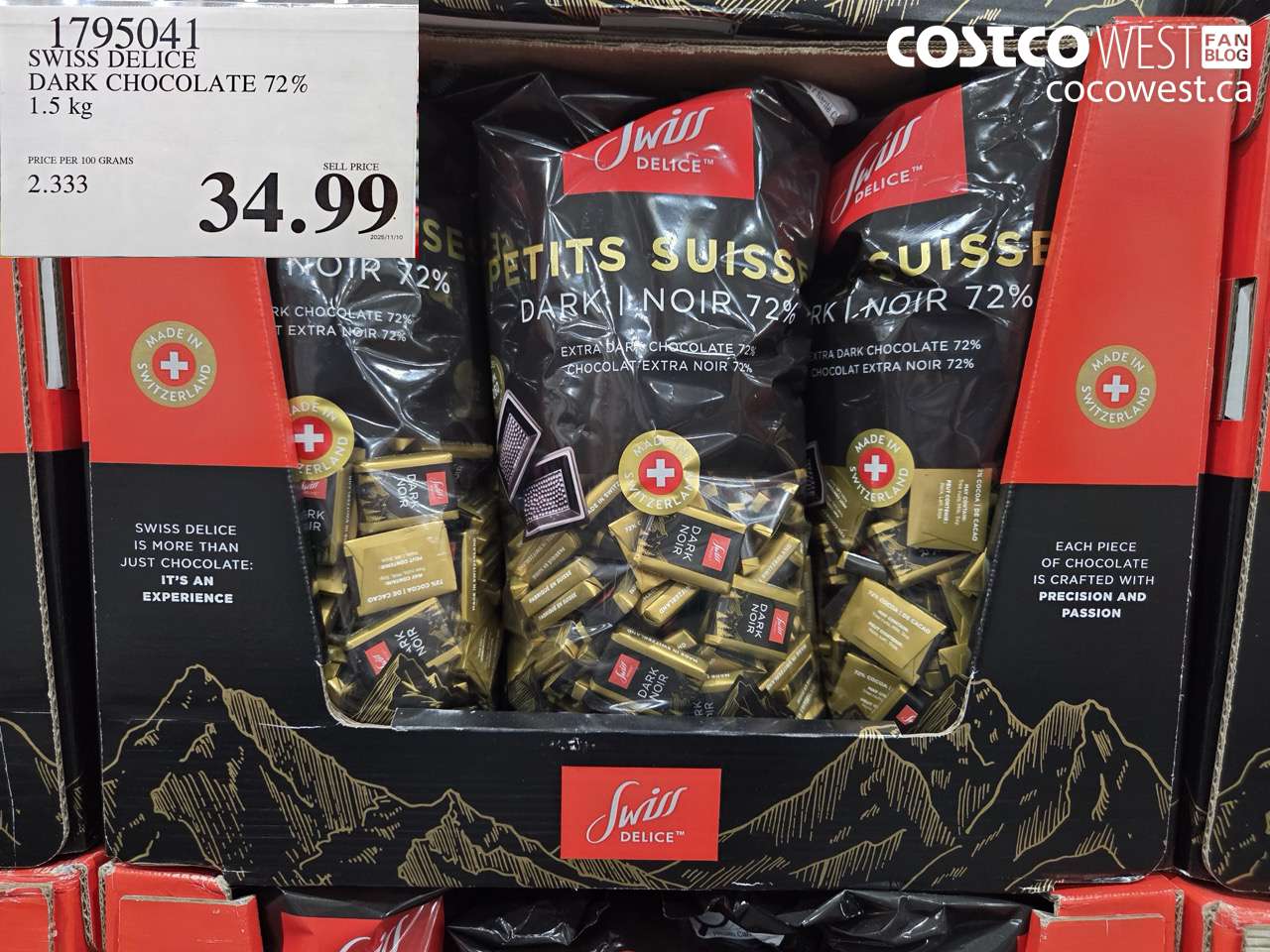 1795041 SWISS DELICE DARK CHOCOLATE 72% 1.5 kg $34.99